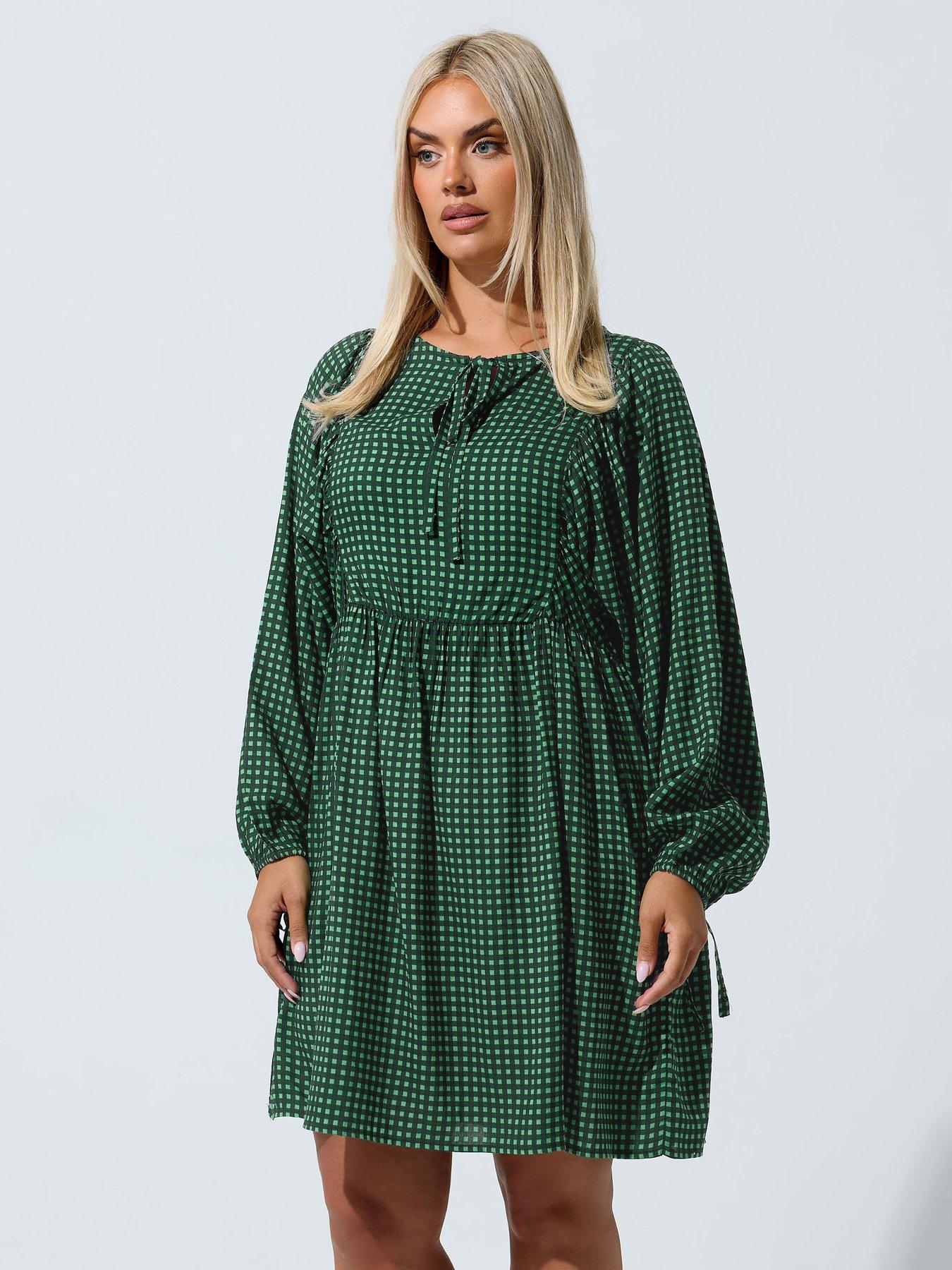 Yours Curve Tie Front Check Mini Dress - Green