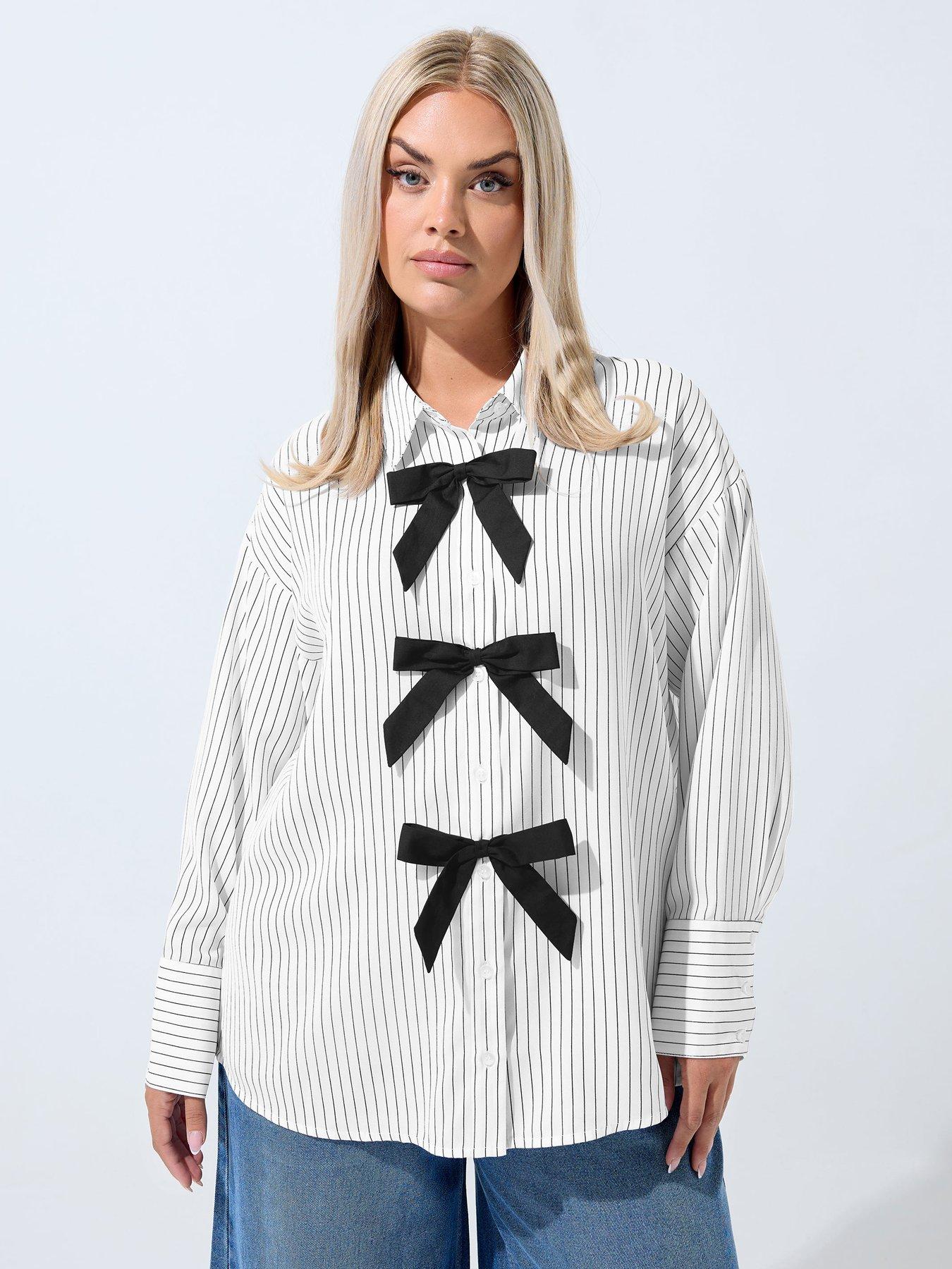 undefined Curve Stripe Bow Shirt - White
