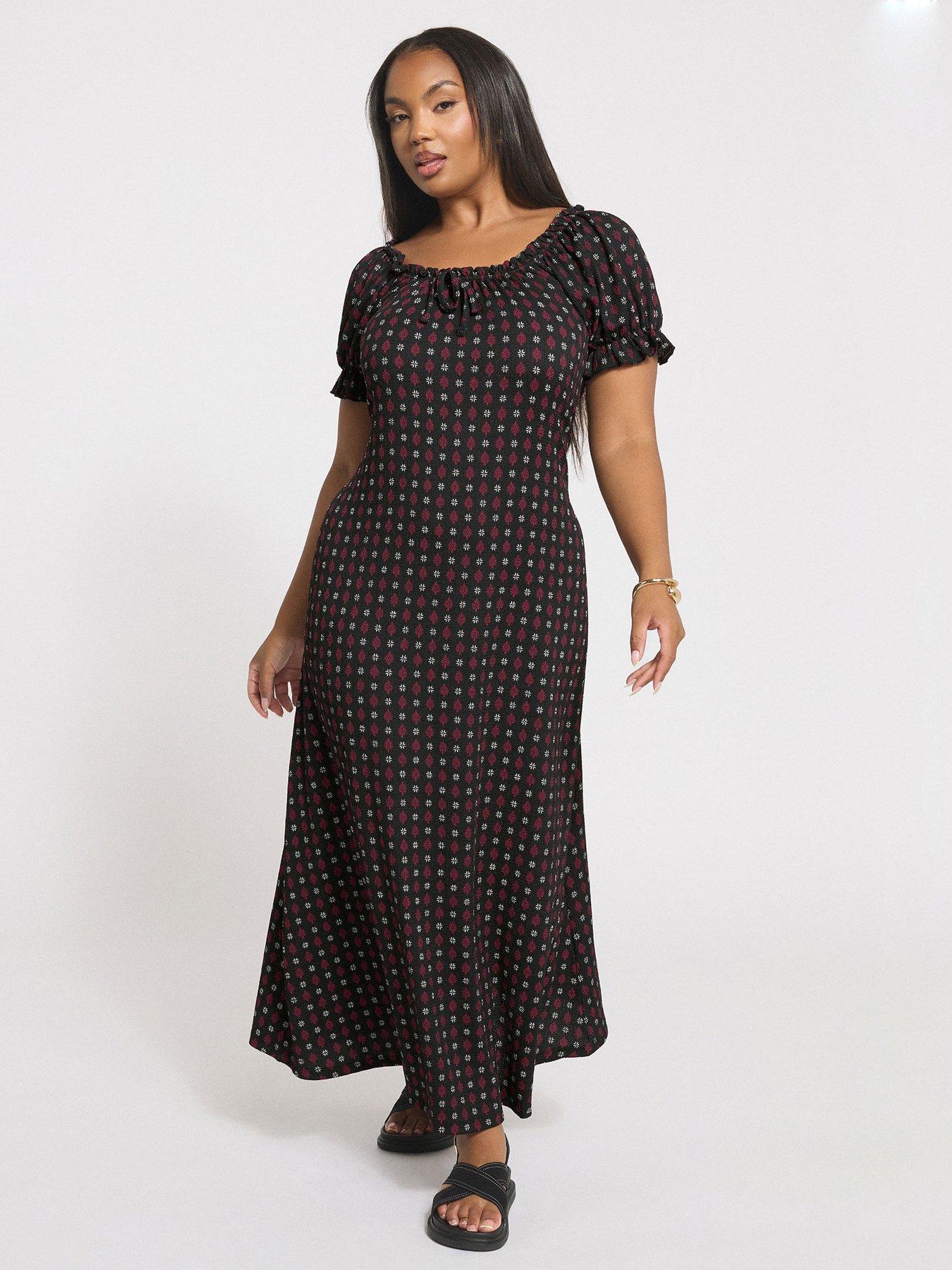 undefined Curve Textured Milkmaid Dress - Black