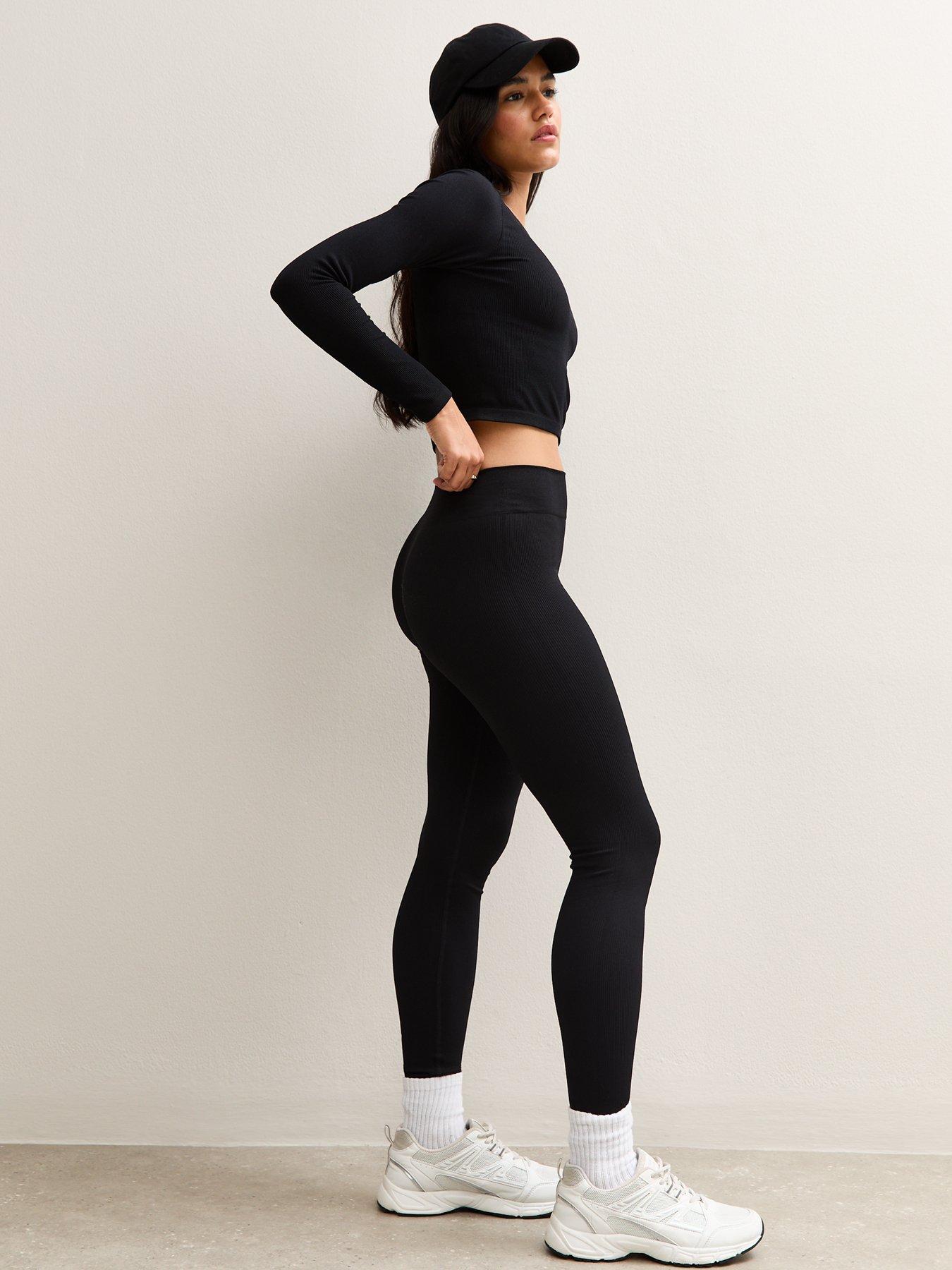 Image 1 of 3 of New Look Black Seamless Ribbed Jersey Leggings
