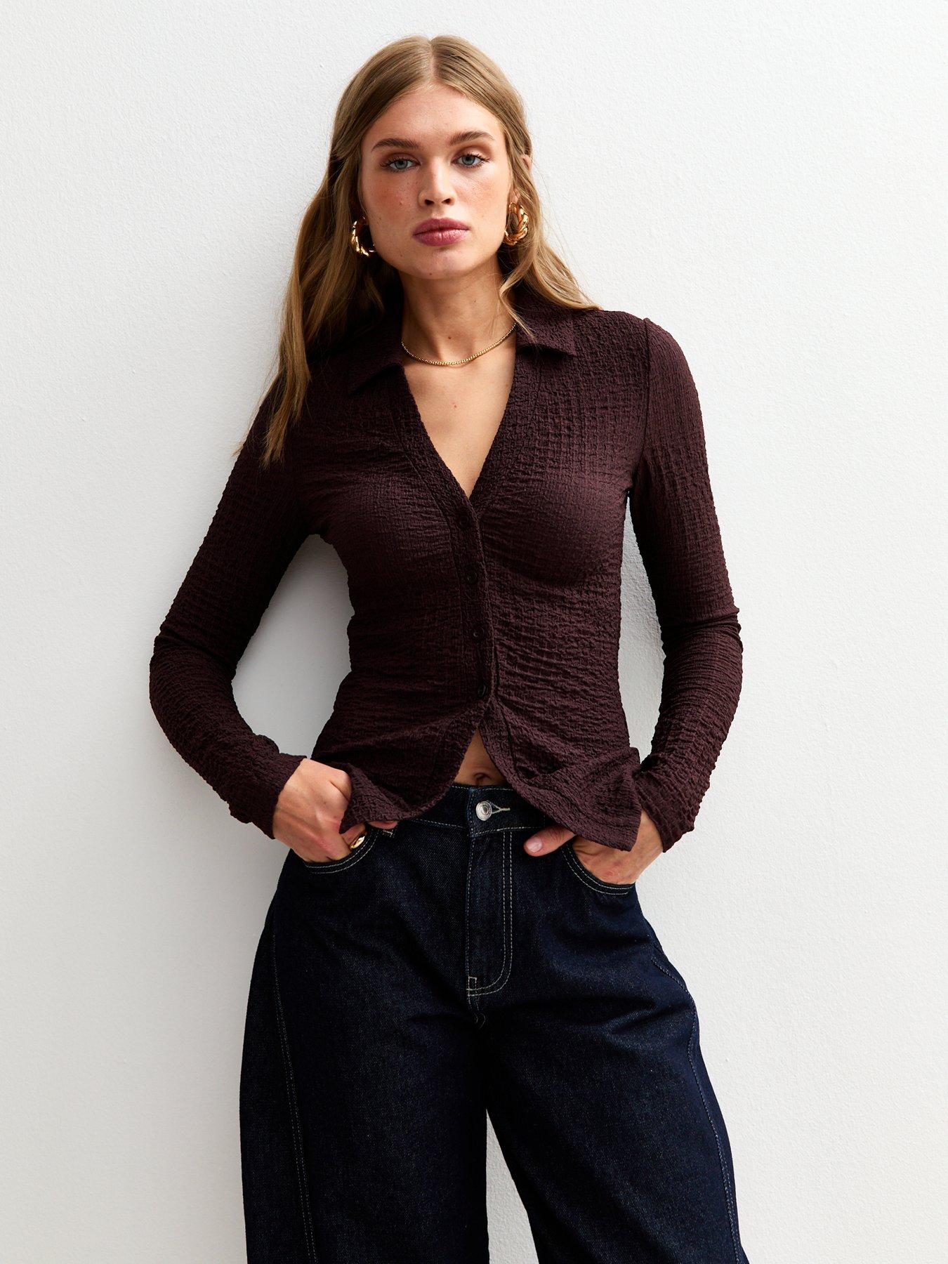 New Look Textured Jersey Collared Long Sleeve Top - Brown