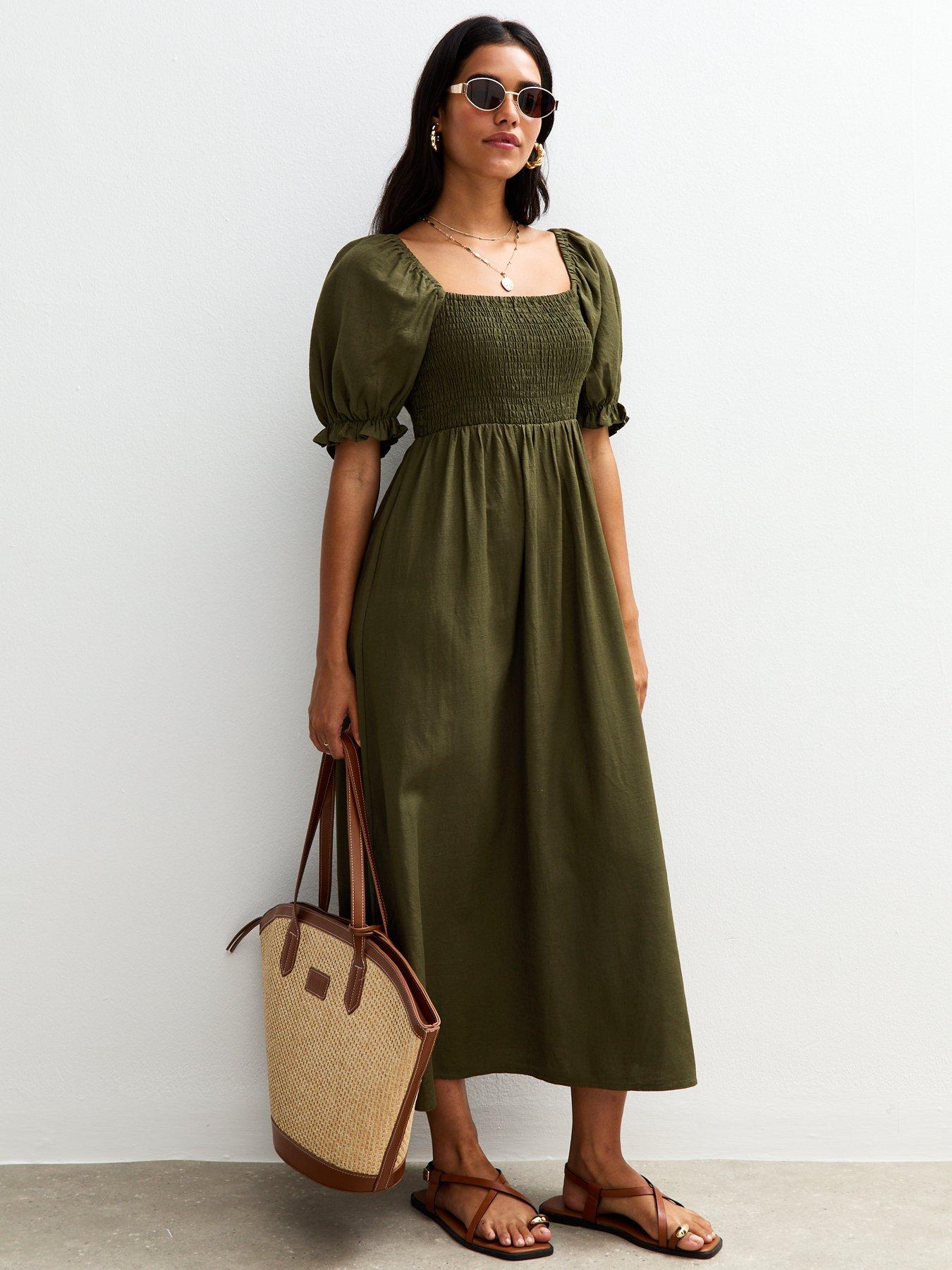 undefined Light Khaki Puff Sleeve Midi Dress