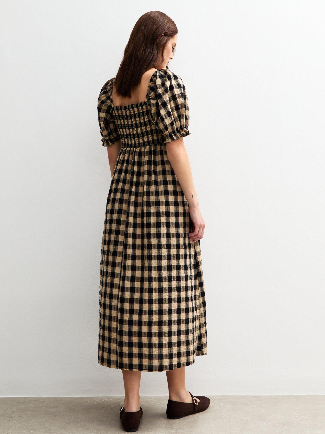 New Look Checked Puff Sleeve Seersucker Midi Dress - Brown | Very