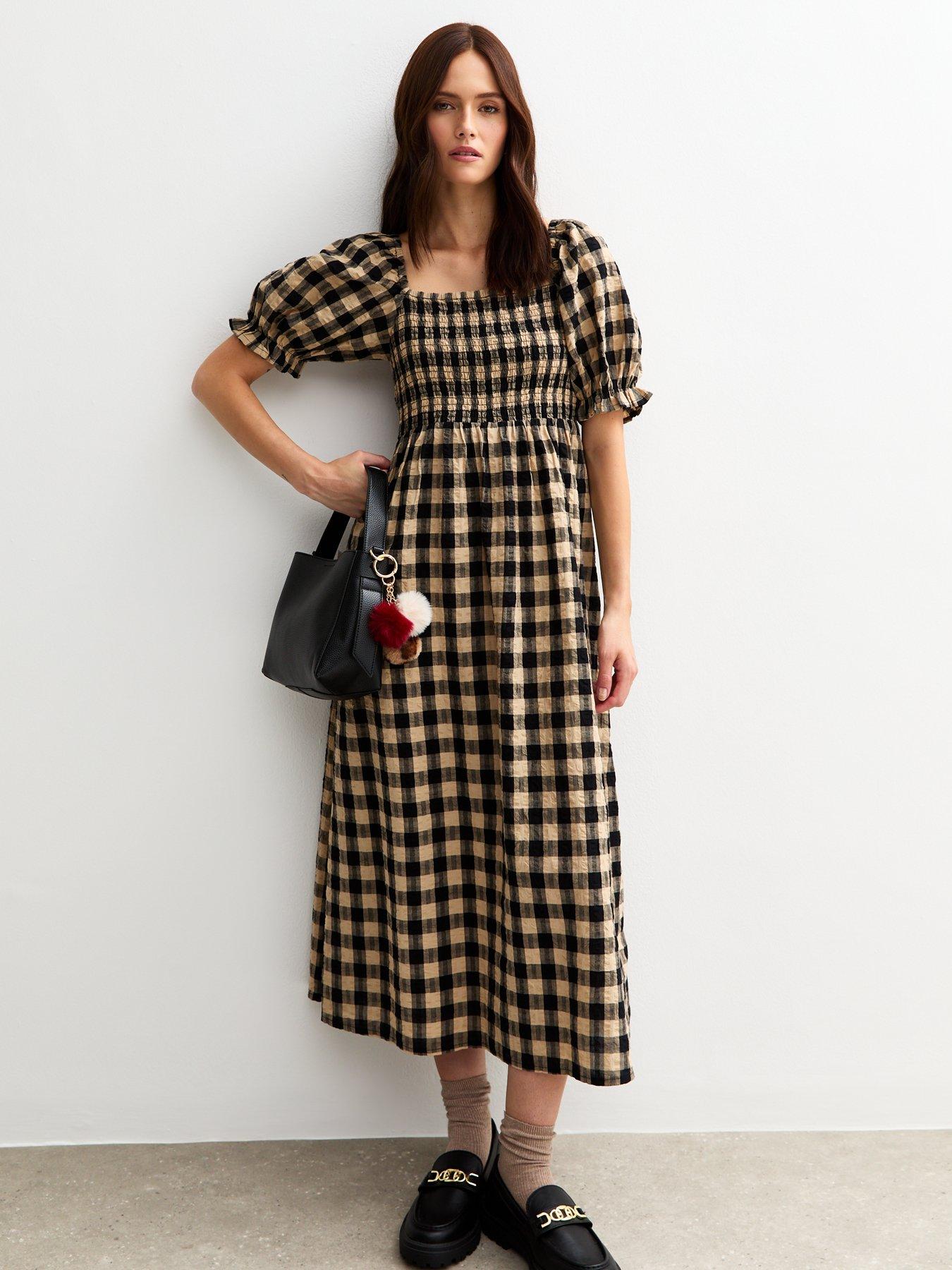 New Look Checked Puff Sleeve Seersucker Midi Dress - Brown | Very