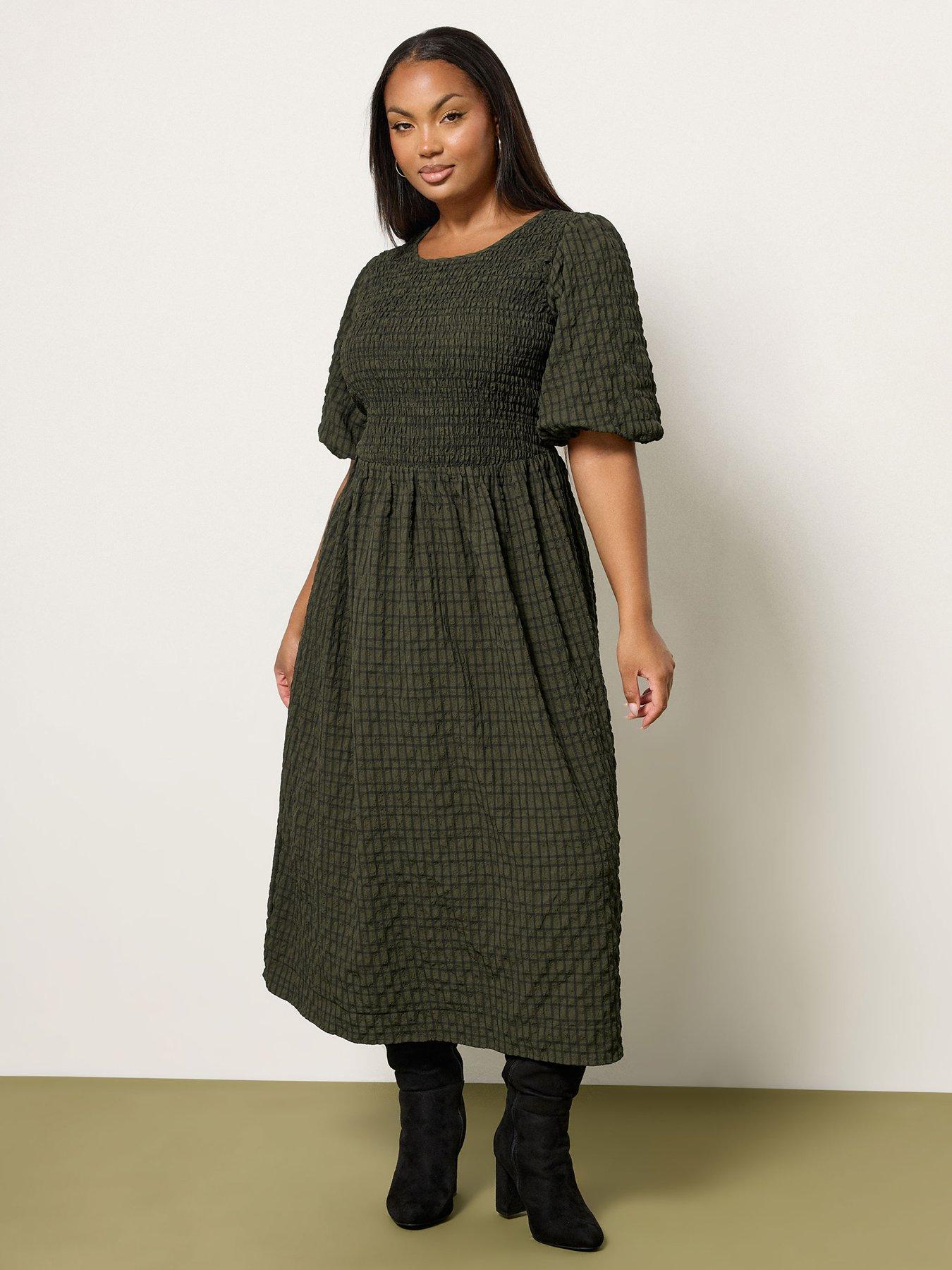 undefined Curve Textured Shirred Check Dress - Green