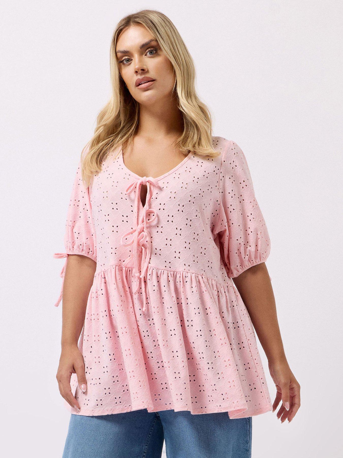 undefined Curve Broderie Tie Front Peplum Top - Pink