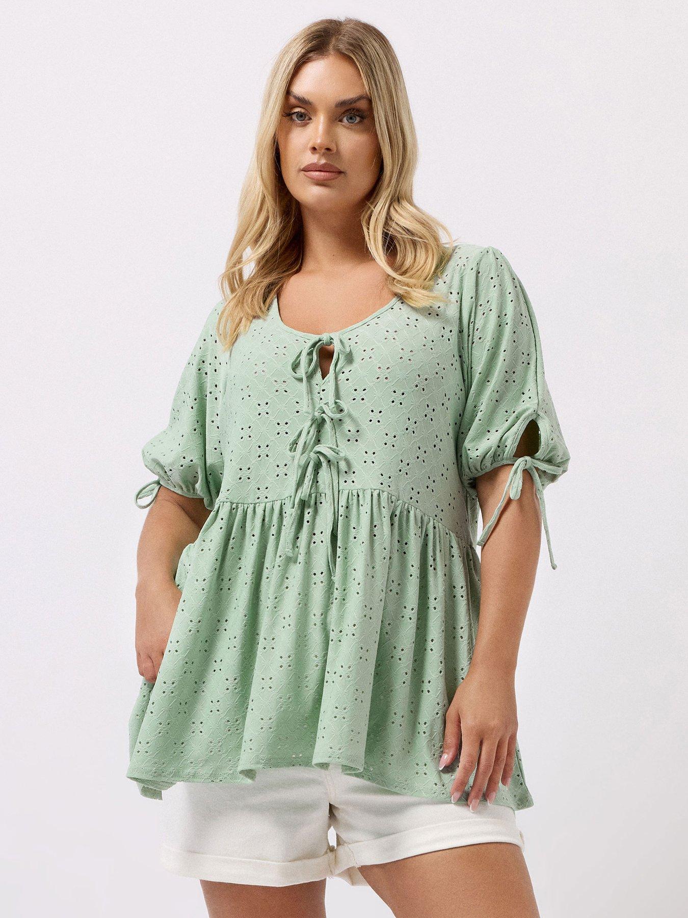 undefined Curve Broderie Tie Front Peplum Top - Green