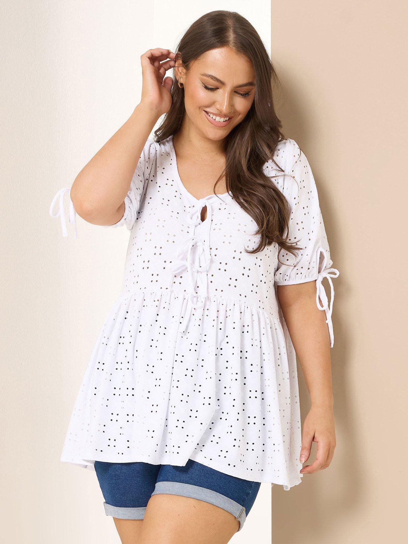 undefined Curve Broderie Tie Front Peplum Top - White