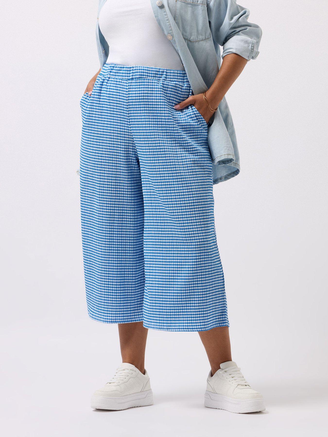 undefined Curve Gingham Textured Midaxi Culottes - Blue