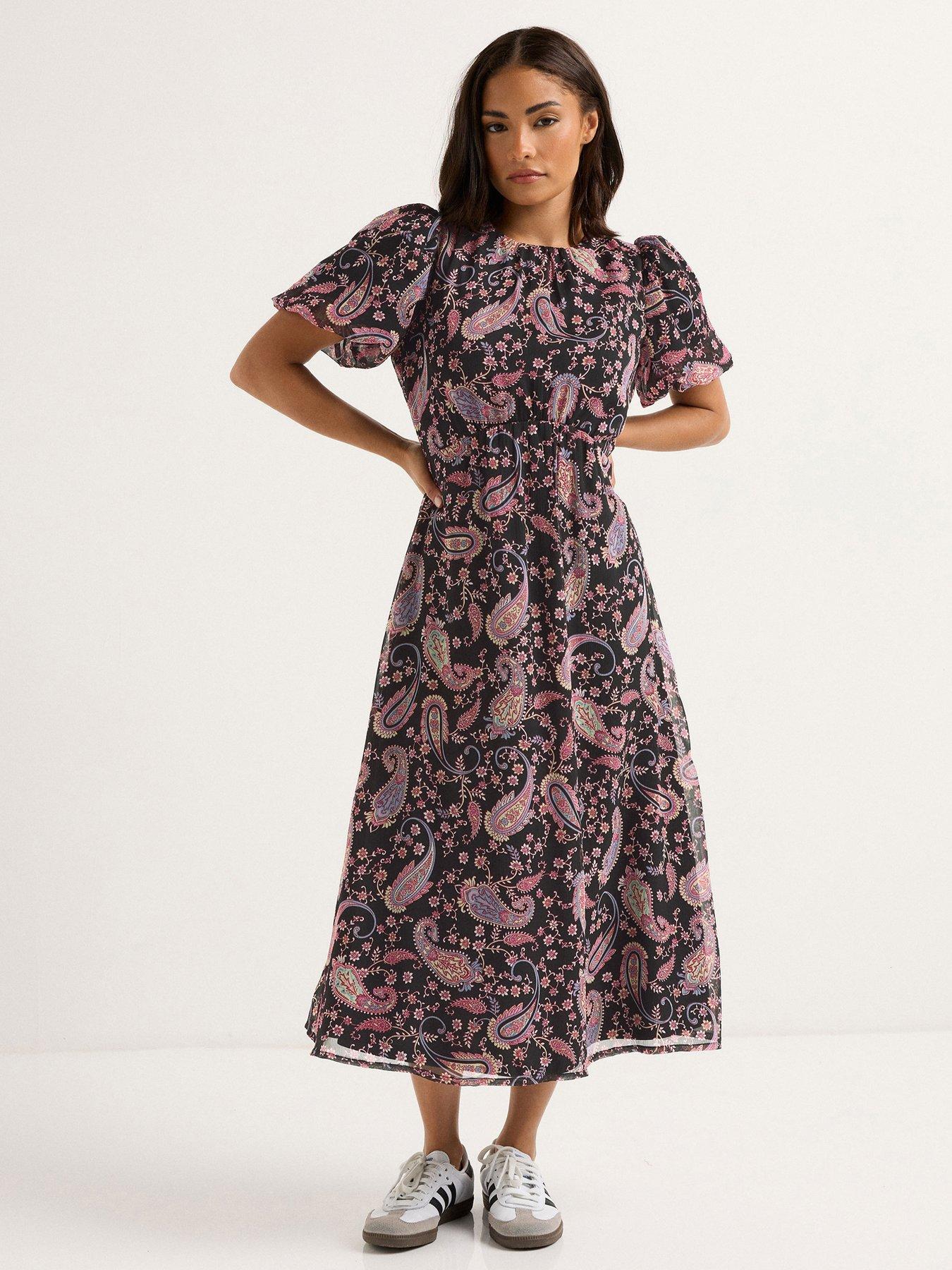 undefined Petite Paisley Chiffon Bow Back Midi Dress