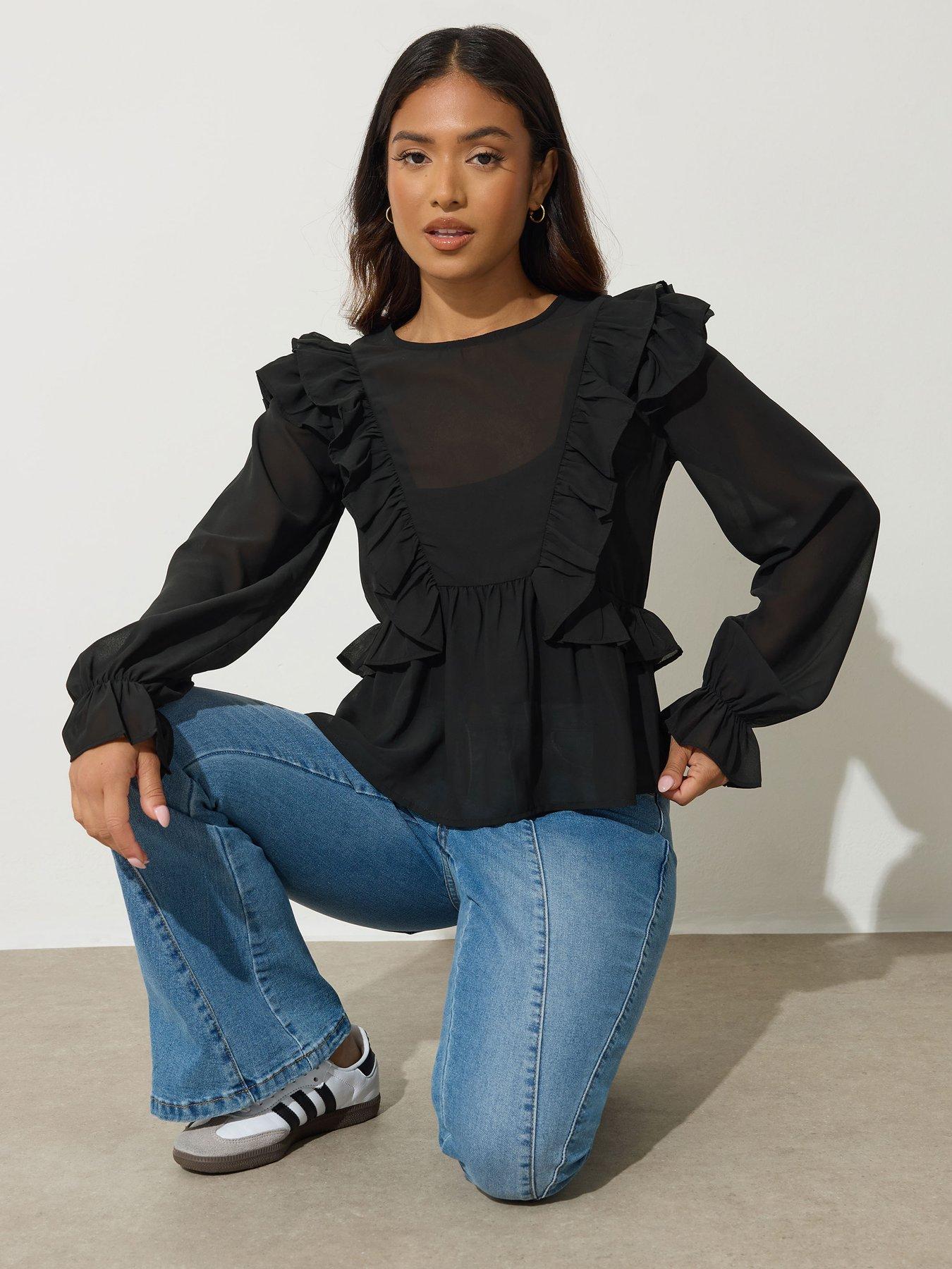 undefined Petite Frill Shoulder Long Sleeve Top - Black