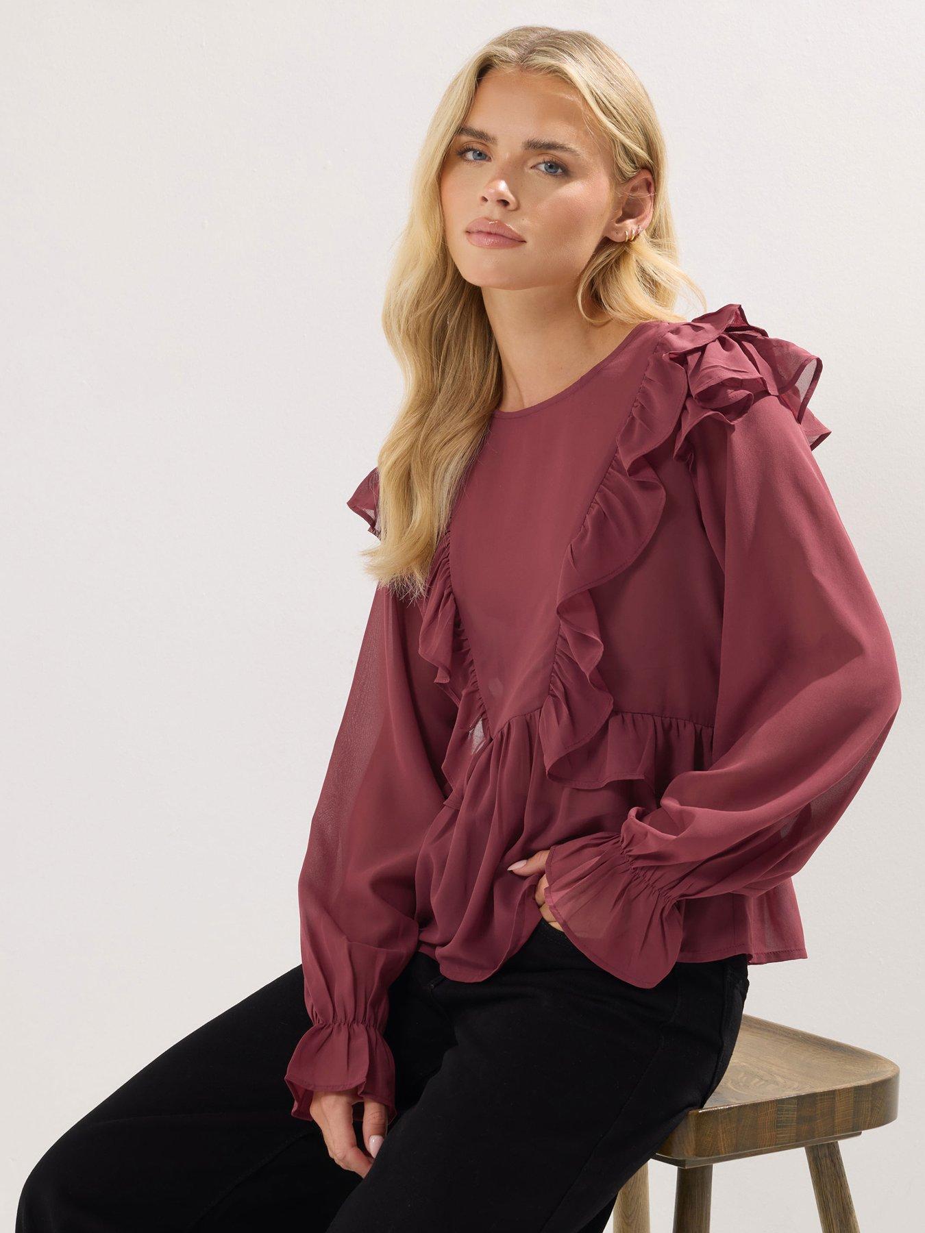 PixieGirl Petite Frill Shoulder Long Sleeve Top - Red