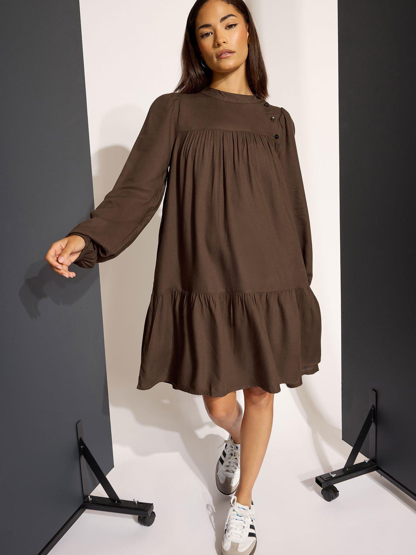 PixieGirl Petite Button Neck Long Sleeve Dress - Black