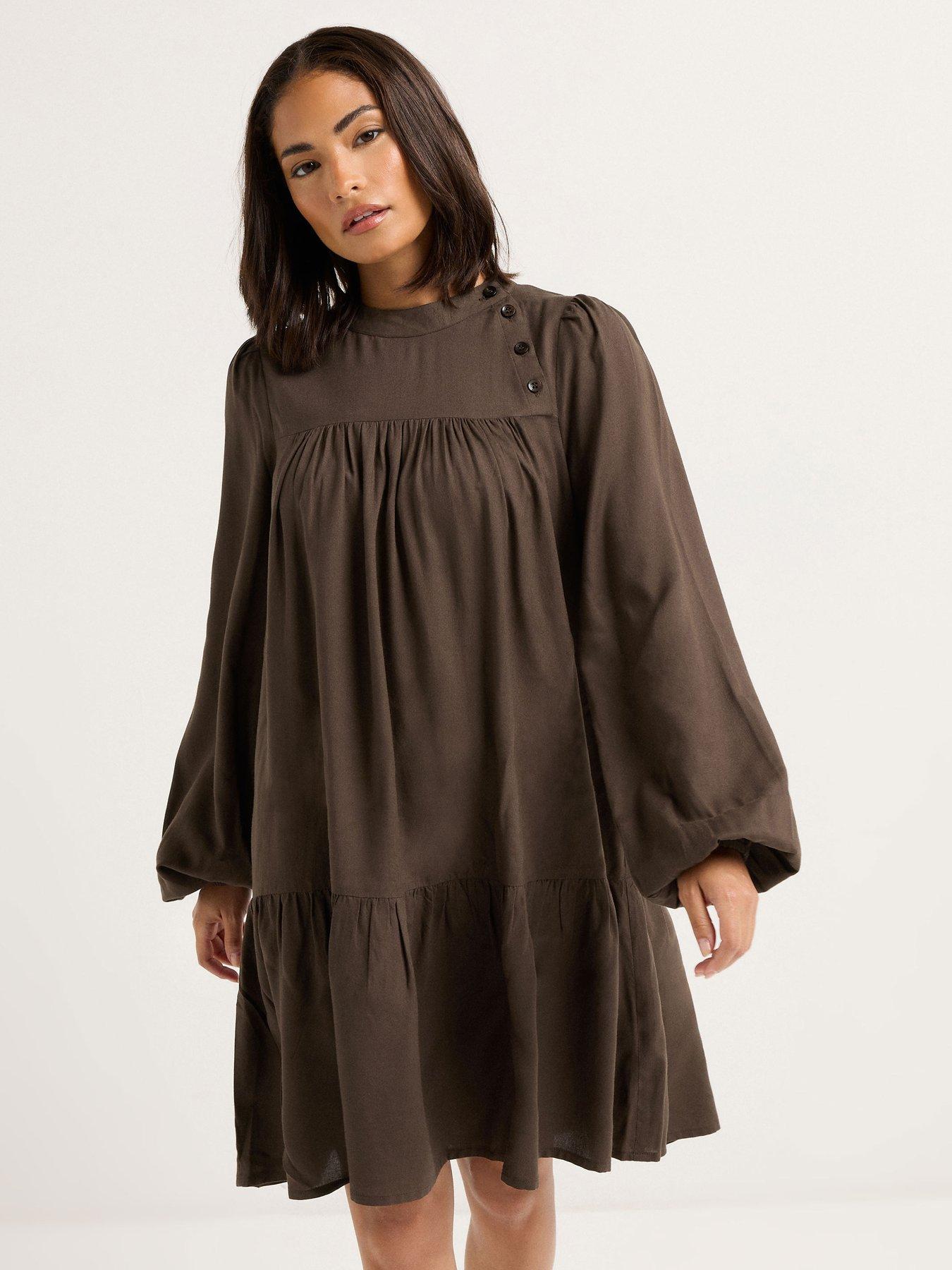 undefined Petite Button Neck Long Sleeve Dress