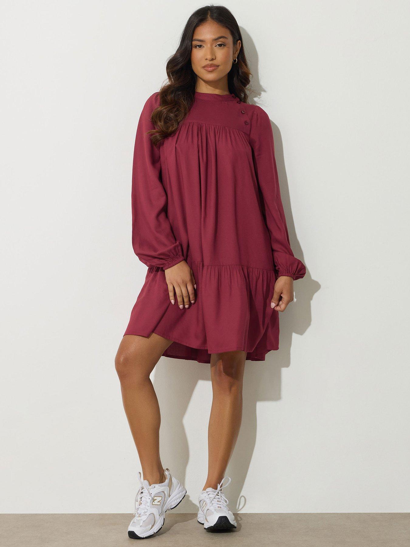 undefined Petite Button Neck Long Sleeve Dress - Red
