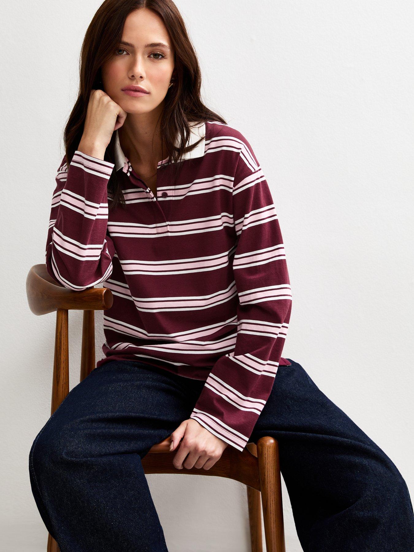 undefined Striped Long Sleeve Rugby Top - Red