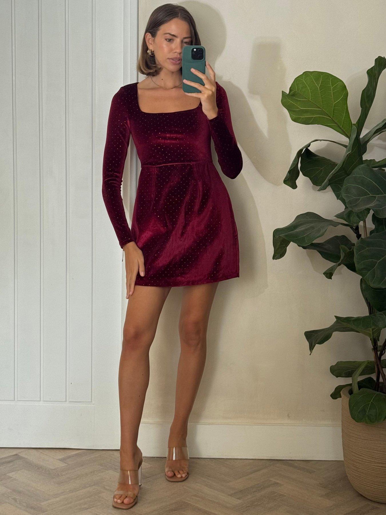 Image 1 of 4 of Style Cheat Rita Velvet Hotfix Mini Dress - Red