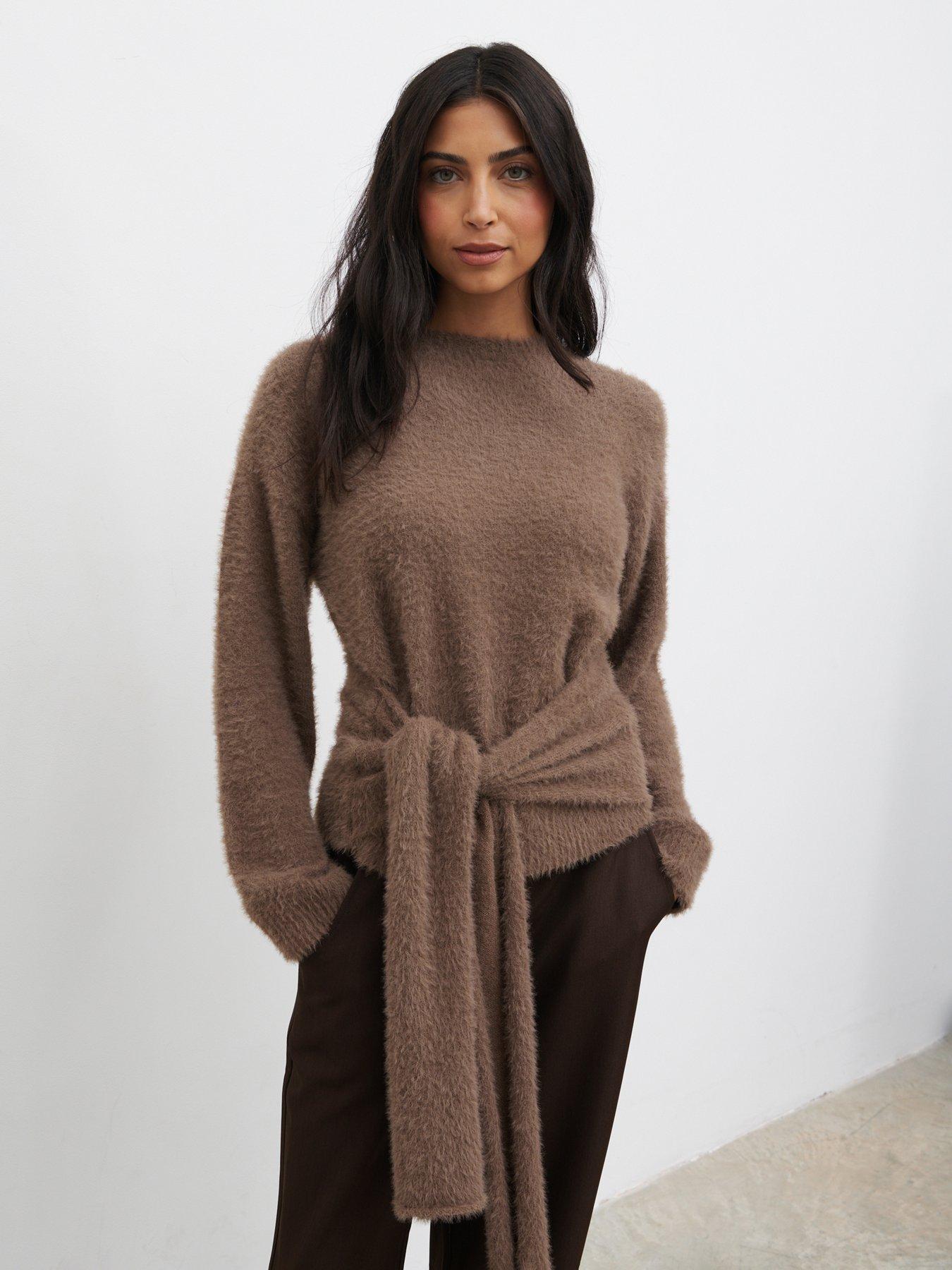 Image 1 of 5 of Pretty Lavish Darcey Fluffy Tie Knit Jumper - Brown