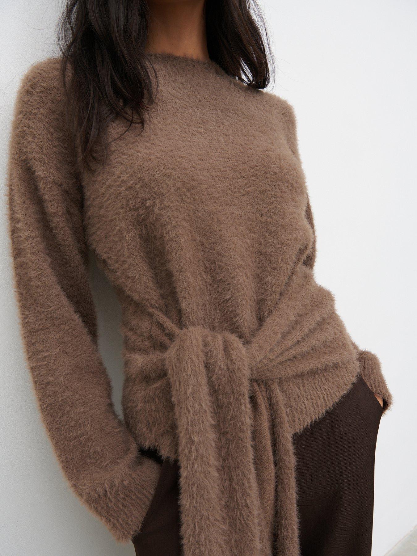 Image 3 of 5 of Pretty Lavish Darcey Fluffy Tie Knit Jumper - Brown