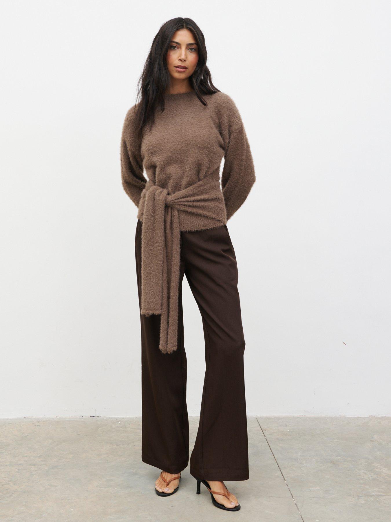 Image 4 of 5 of Pretty Lavish Darcey Fluffy Tie Knit Jumper - Brown