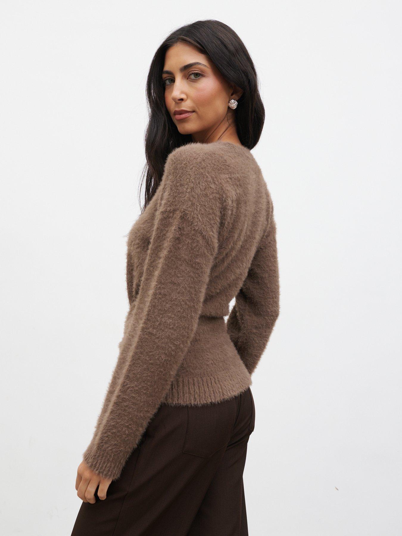 Image 5 of 5 of Pretty Lavish Darcey Fluffy Tie Knit Jumper - Brown