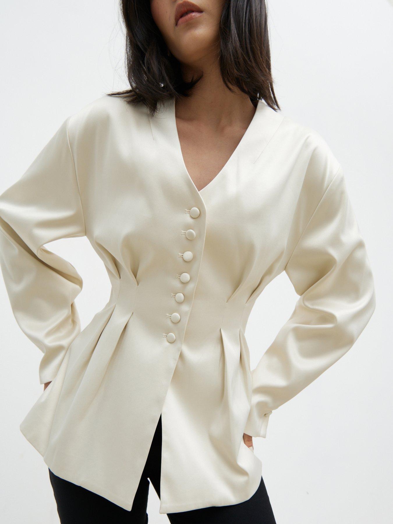 Pretty Lavish Amora Collarless Bonded Satin Jacket - Cream