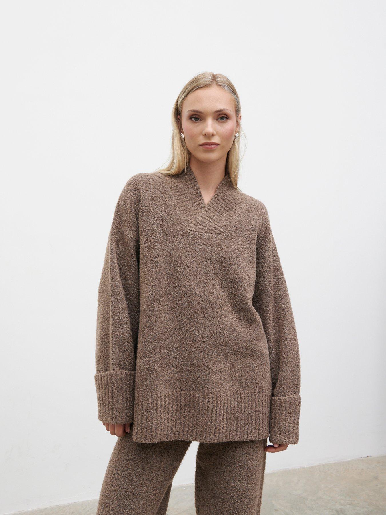 Image 1 of 5 of Pretty Lavish Camille V-Neck Oversized Borg Jumper - Brown