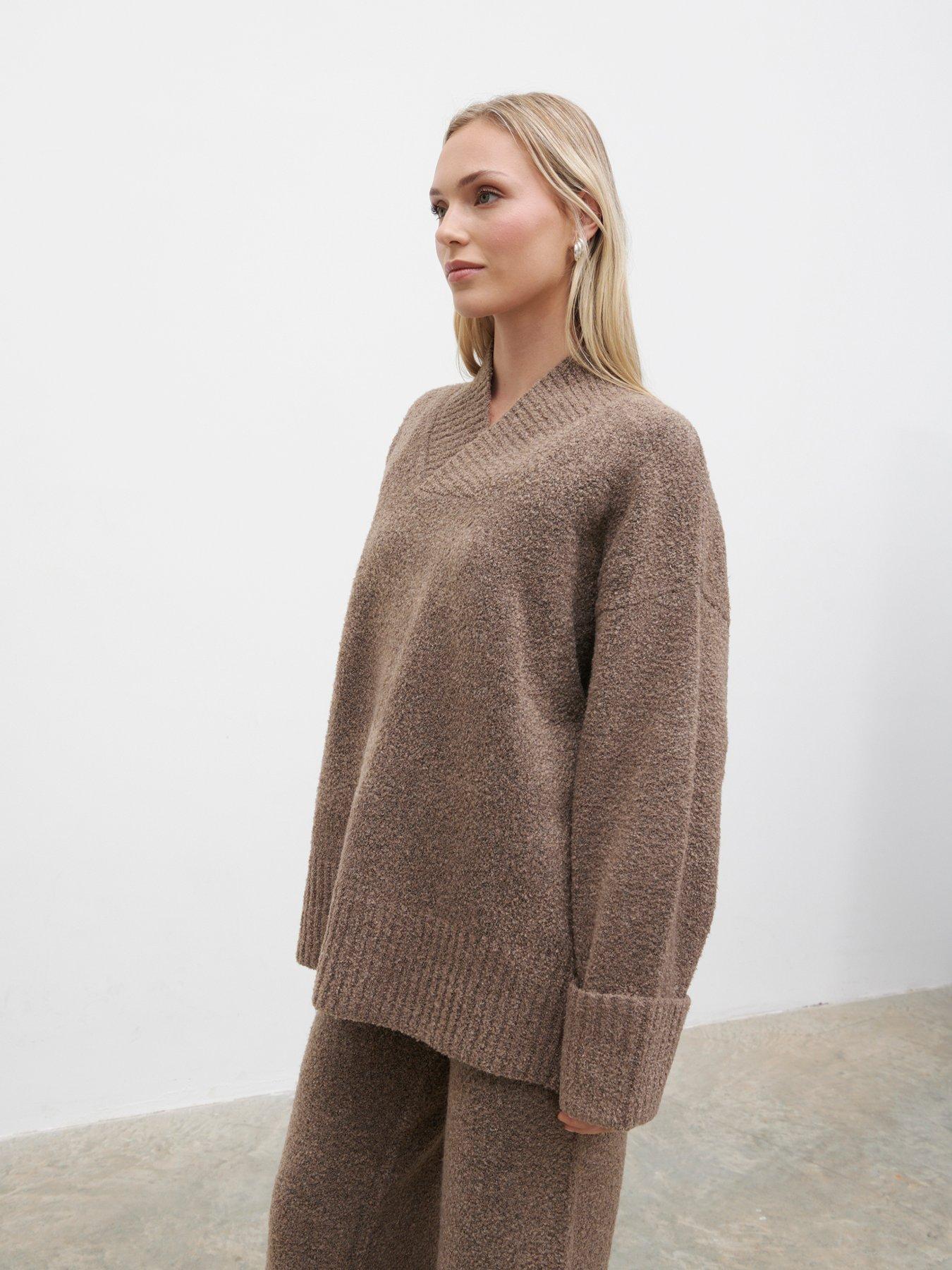 Image 3 of 5 of Pretty Lavish Camille V-Neck Oversized Borg Jumper - Brown