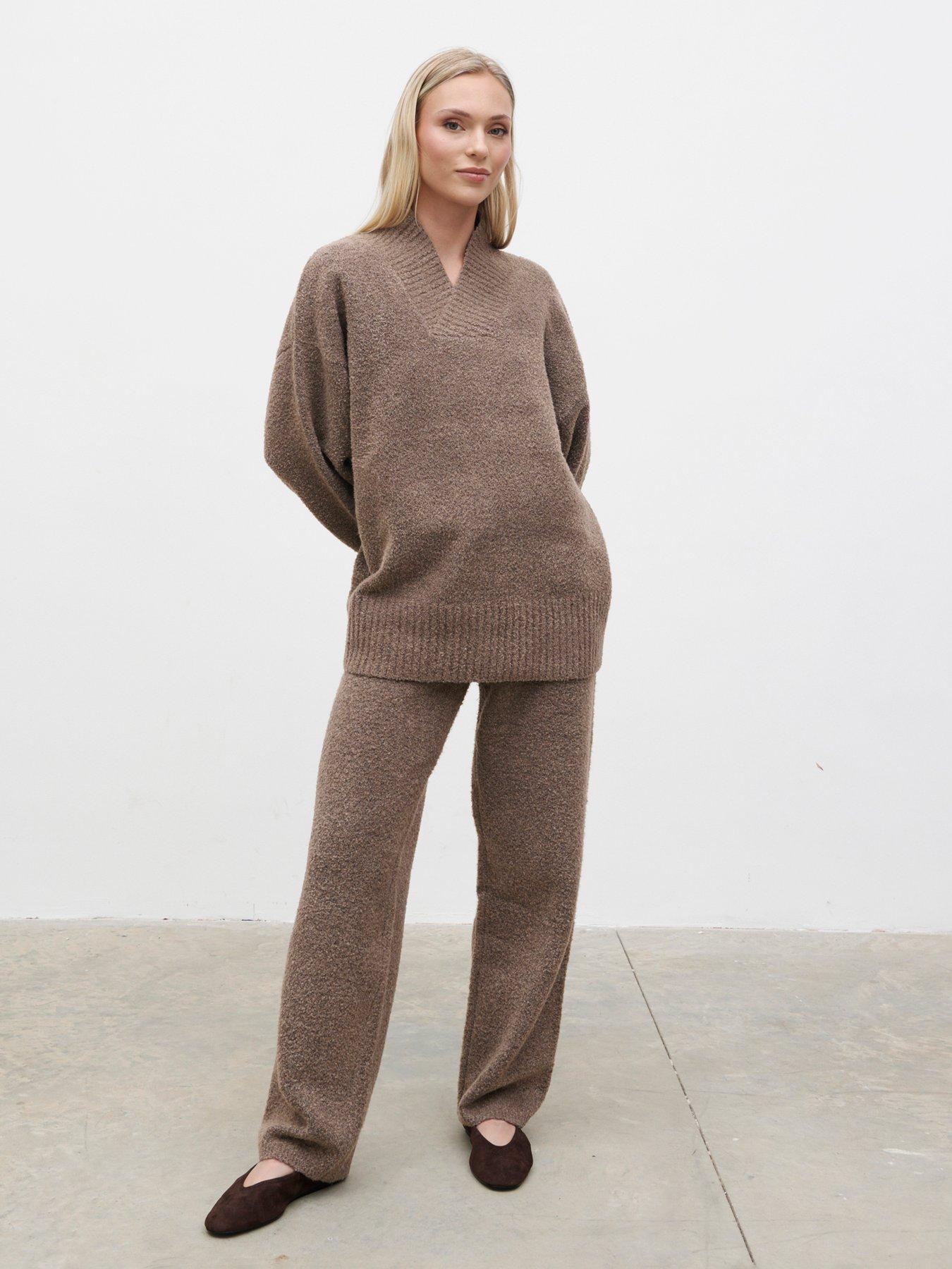 Image 4 of 5 of Pretty Lavish Camille V-Neck Oversized Borg Jumper - Brown