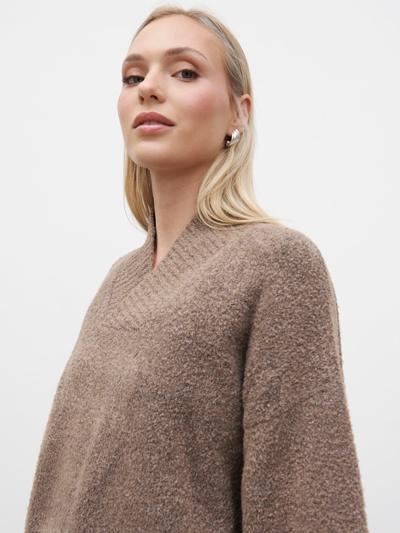 Image 5 of 5 of Pretty Lavish Camille V-Neck Oversized Borg Jumper - Brown