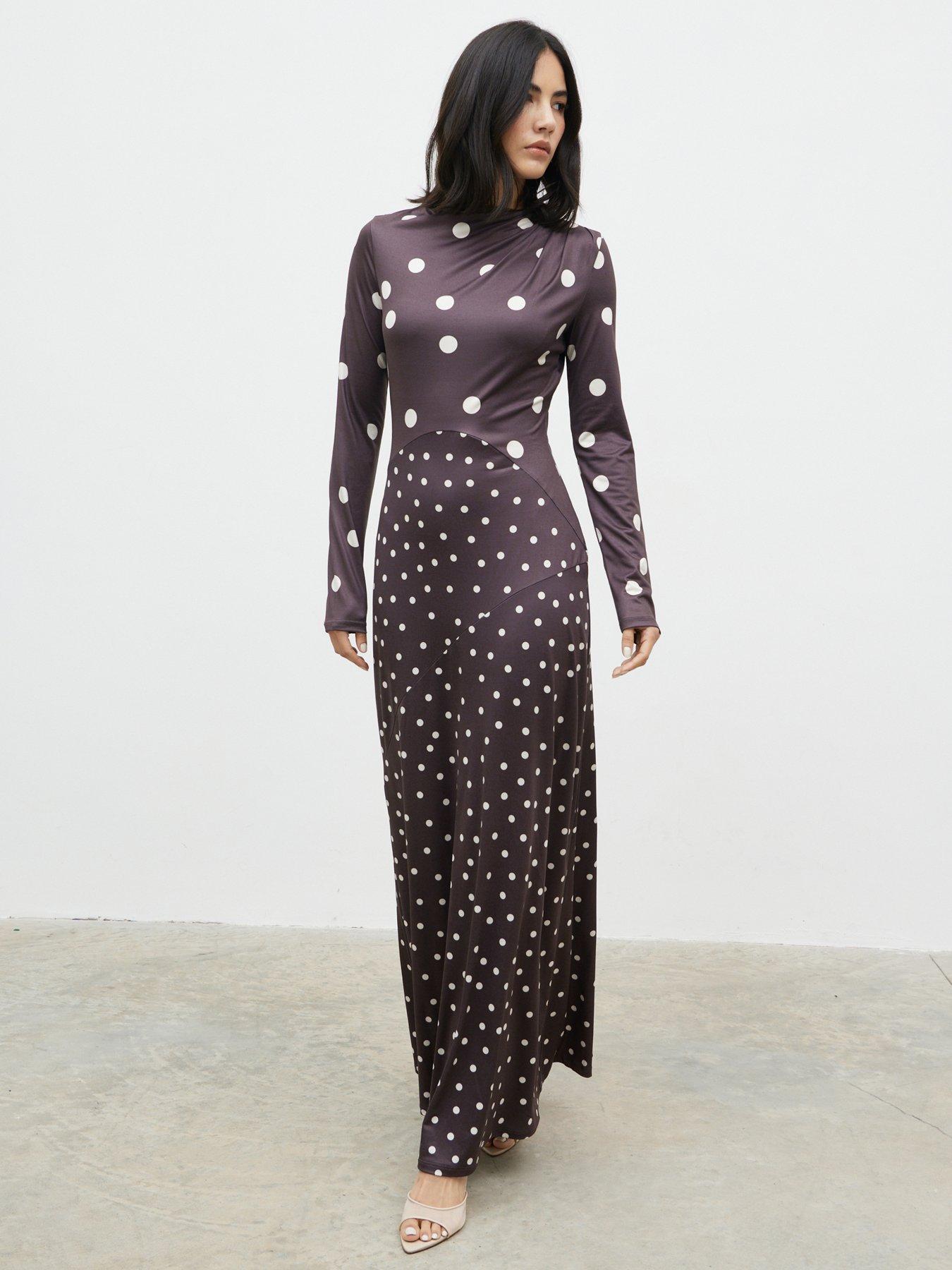 Pretty Lavish Delilah Asymmetric Polka Dot Maxi Jersey Dress - Brown