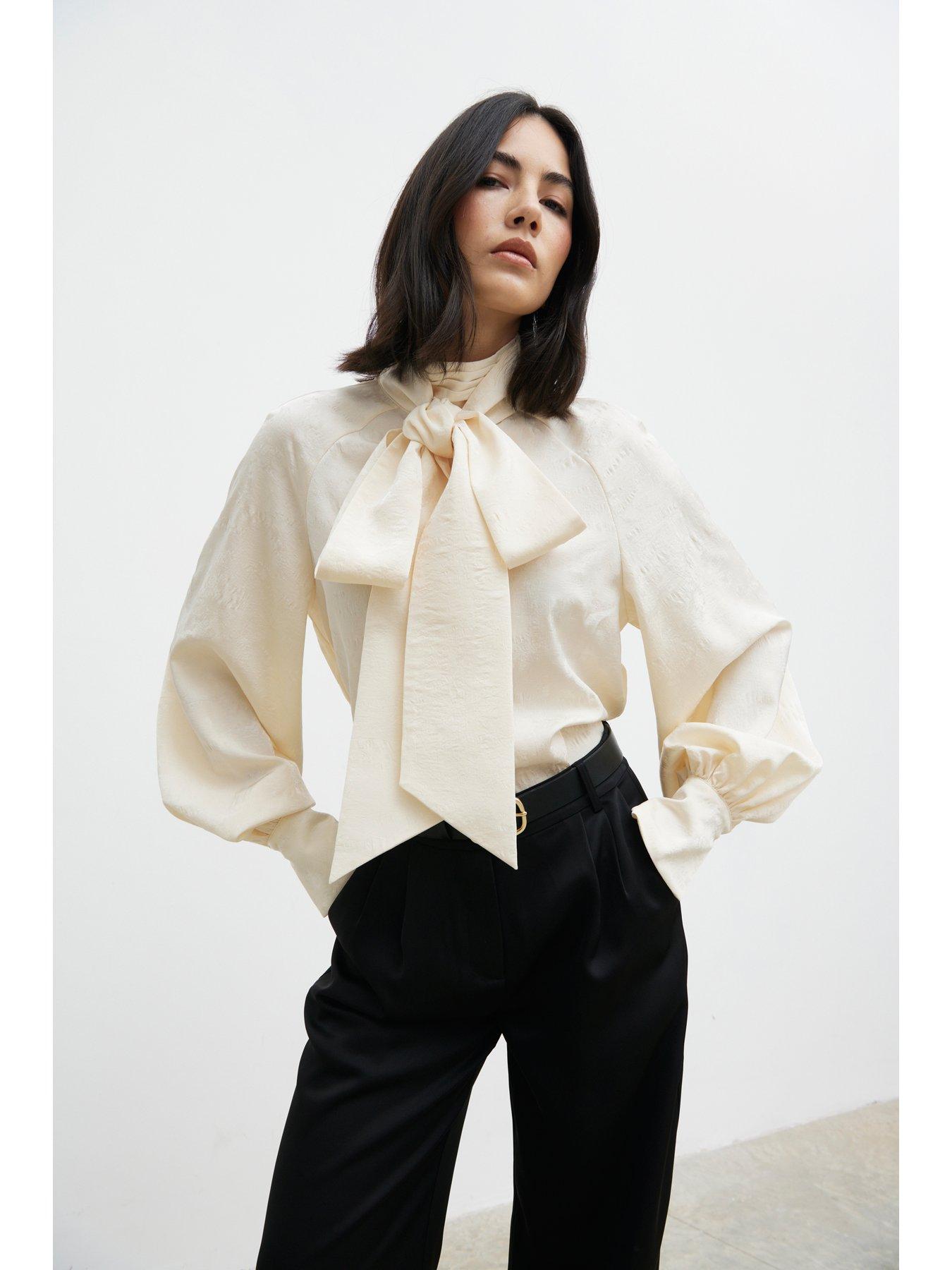 Image 1 of 5 of Pretty Lavish Kesia Jacquard Bow Blouse - Cream