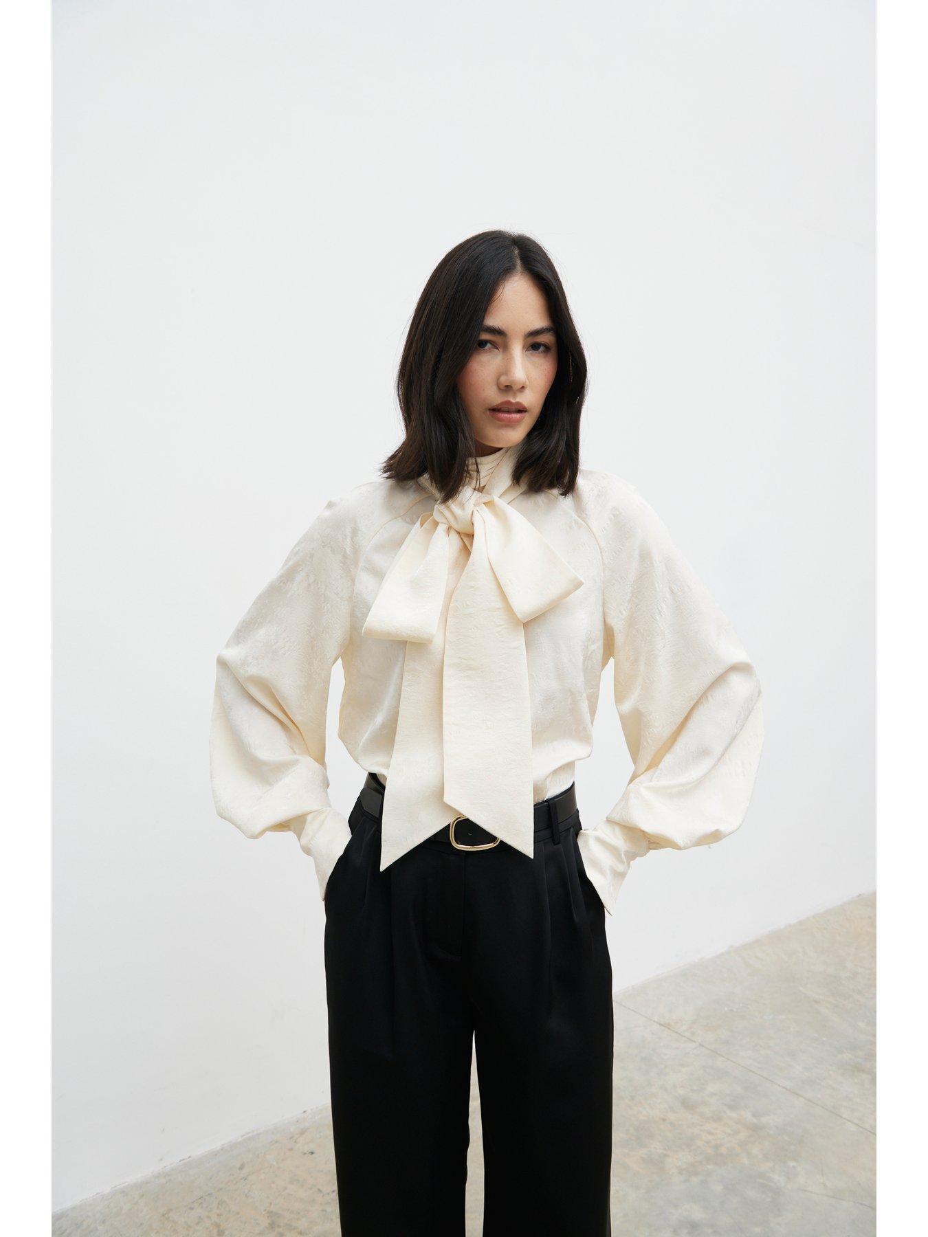 Image 4 of 5 of Pretty Lavish Kesia Jacquard Bow Blouse - Cream