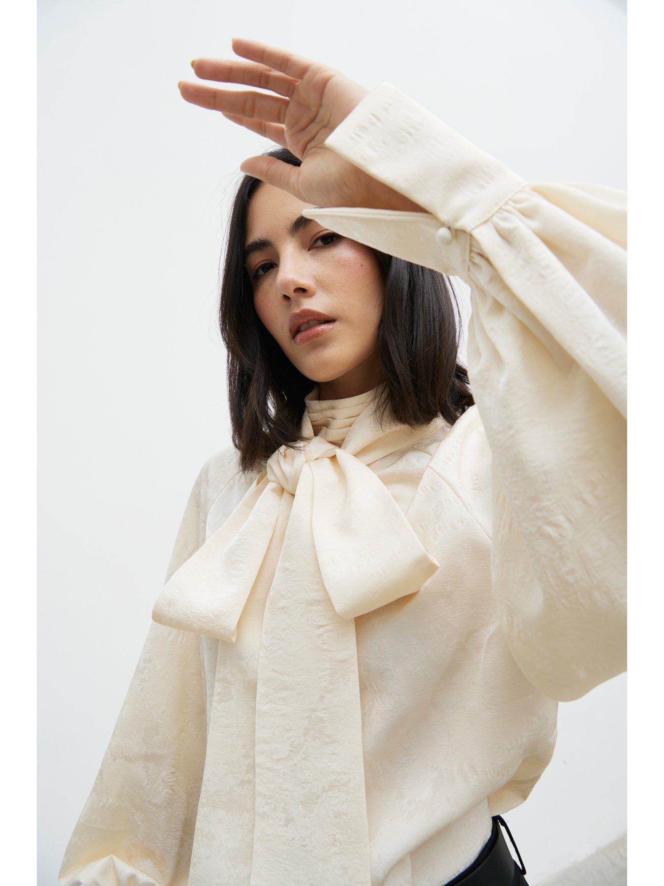 Image 5 of 5 of Pretty Lavish Kesia Jacquard Bow Blouse - Cream
