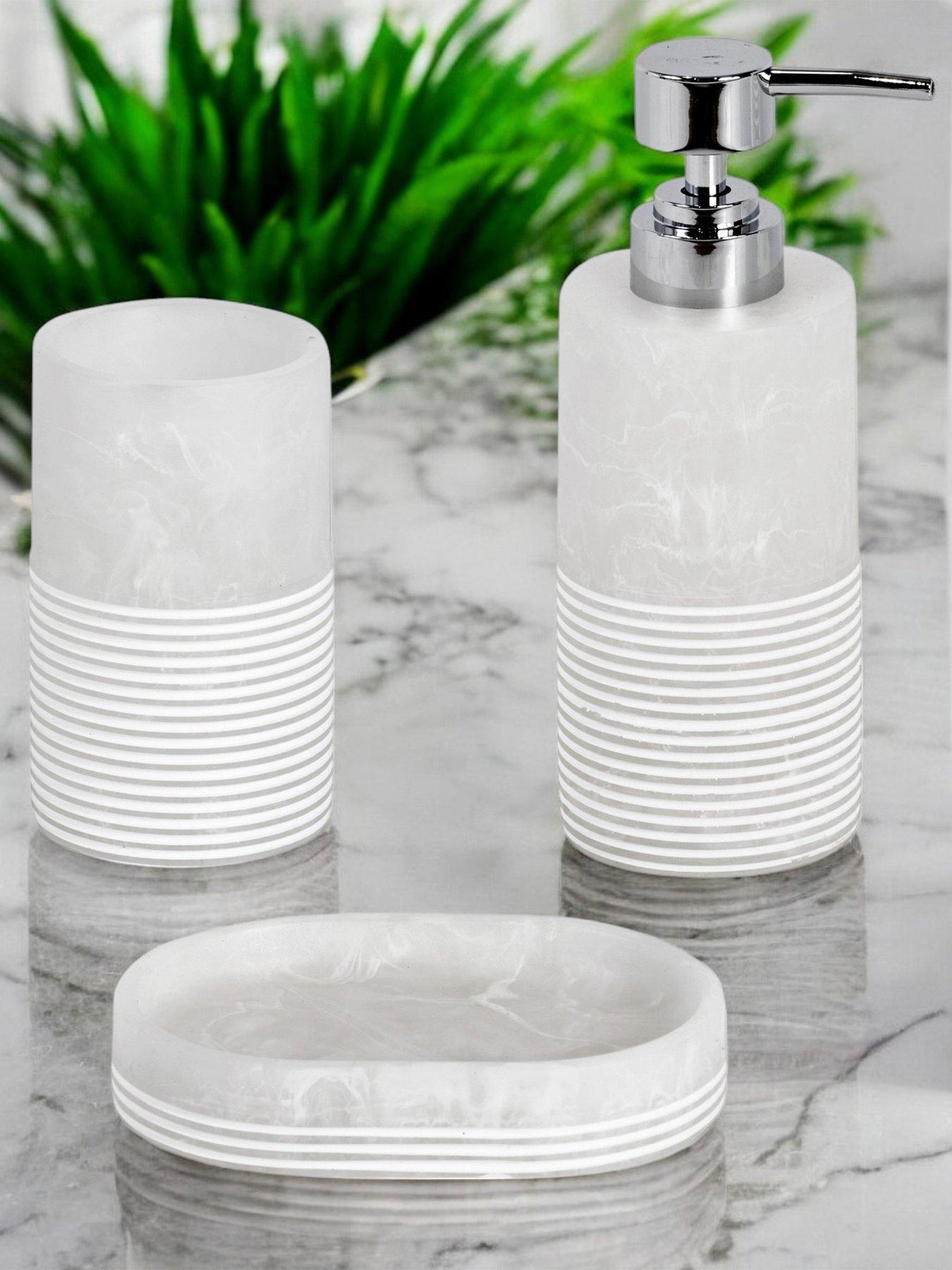 Image 1 of 7 of Showerdrape Bianco Frost Onyx White Striped 3 Piece Bathroom Accessory Set