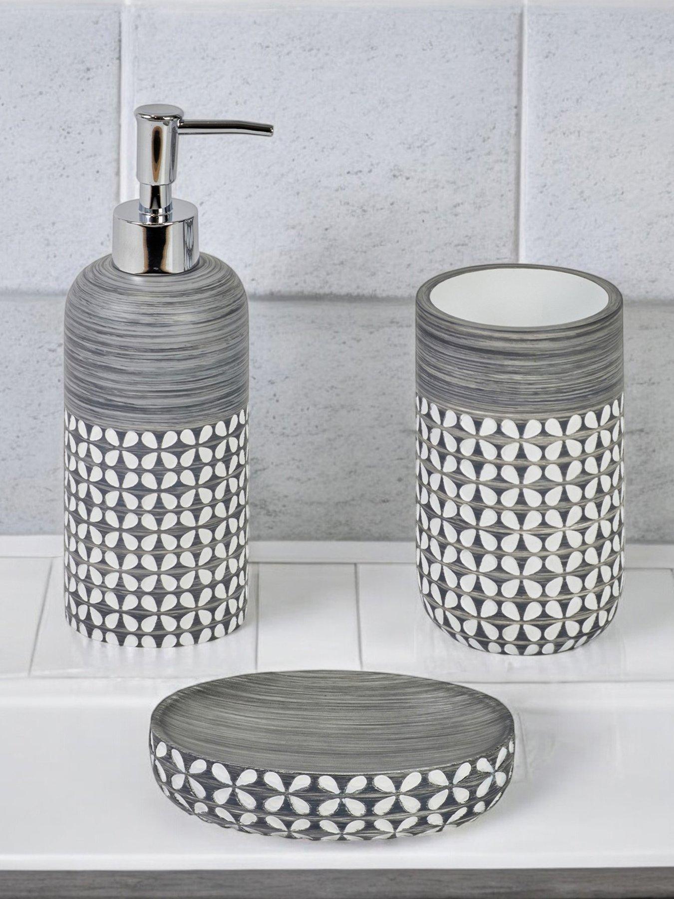 undefined Ravello Grey & White Set Of 3 (soap Dish, Tumbler, Liquid Soap Dispenser)
