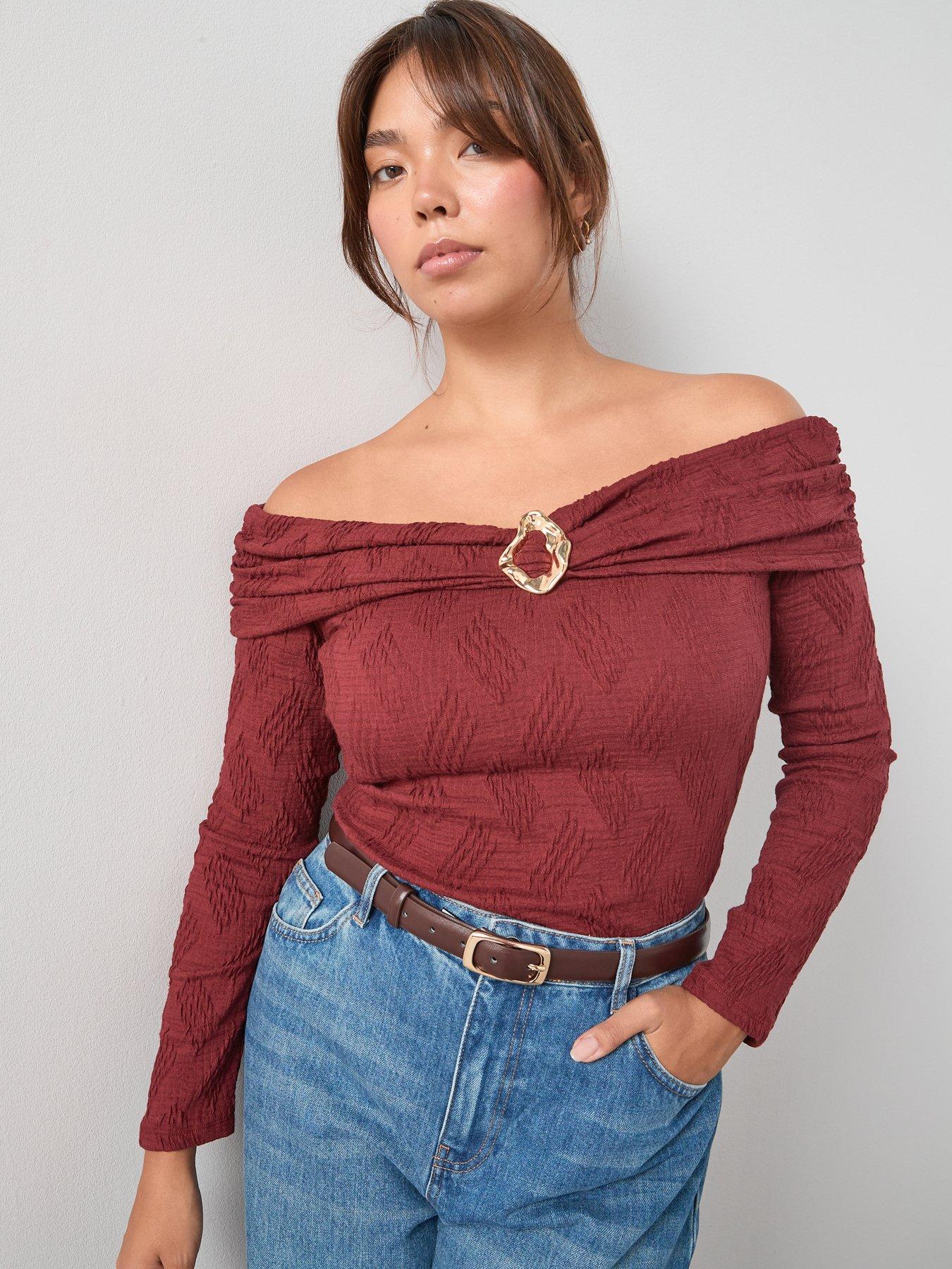 V by Very Curve Gold Trim Bardot Top - Red