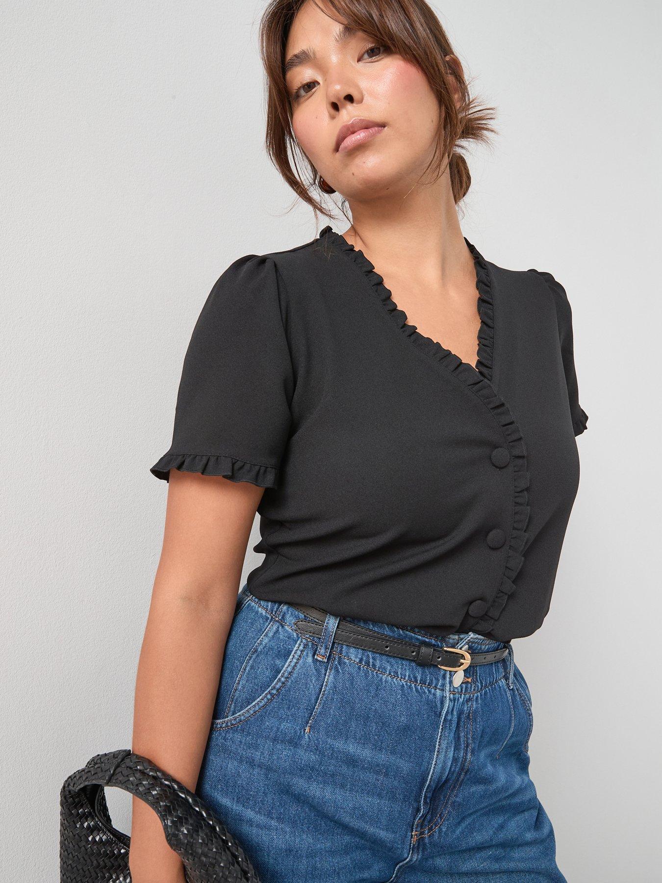 V by Very Curve Frill Trim Button Top - Black