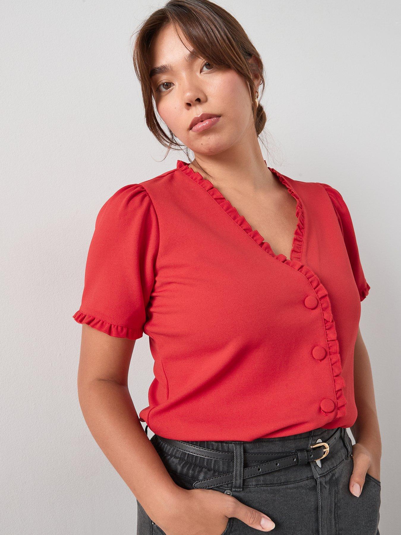 Image 1 of 6 of V by Very Curve Frill Trim Button Top - Red