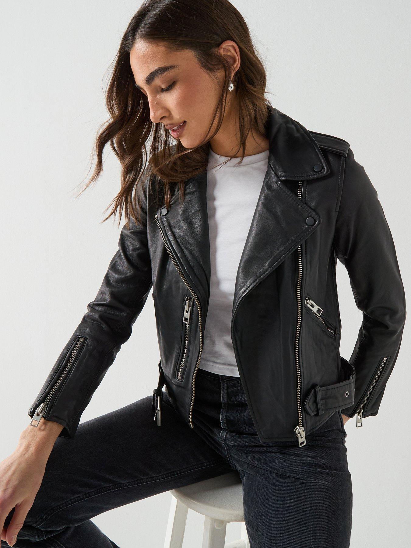 AllSaints Balfern Leather Biker Jacket, Black, Size 14, Women
