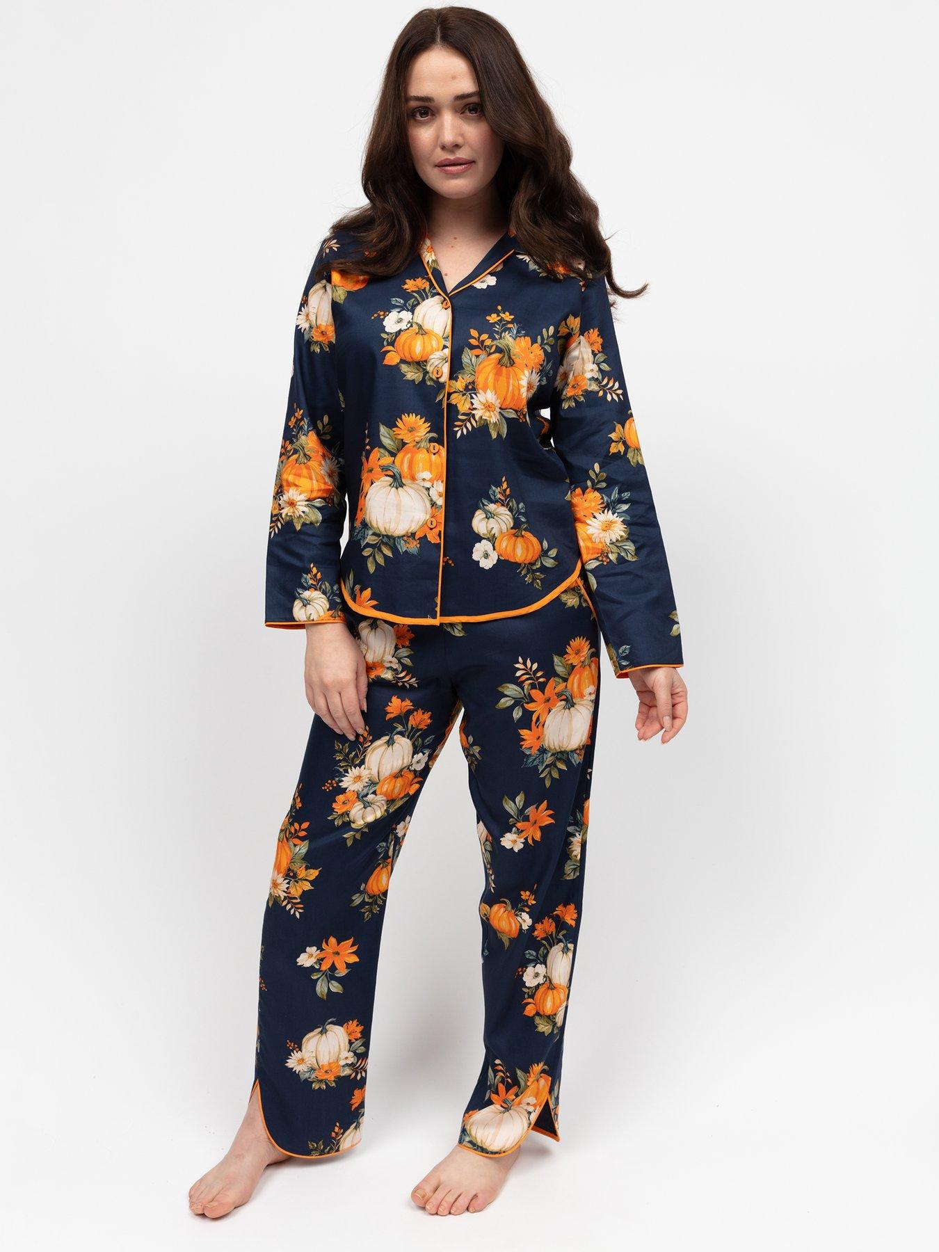 Cyberjammies Auburn Navy Pumpkin Print Long Sleeve Pyjama Set - Navy