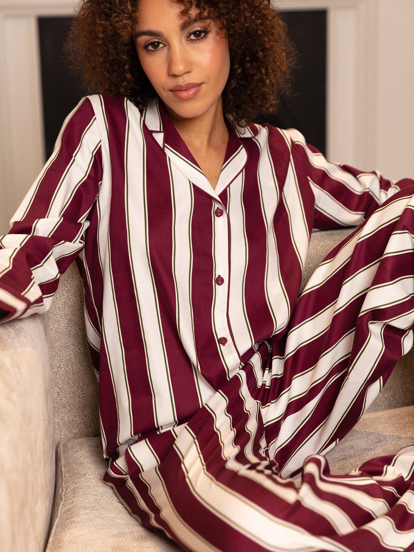 Cyberjammies Yasmin Ox Blood Printed Stripe Long Sleeve Pyjama Set - Red