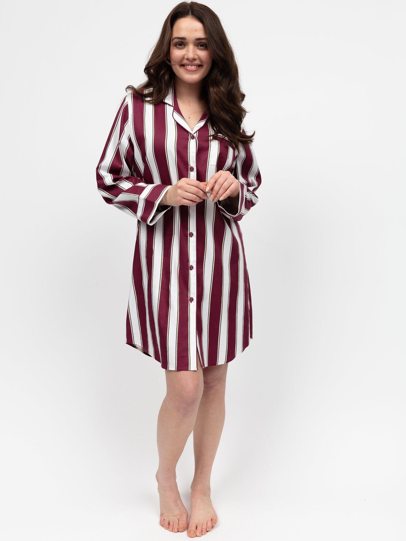 Cyberjammies Yasmin Ox Blood Printed Stripe Long Sleeve Nightshirt - Red