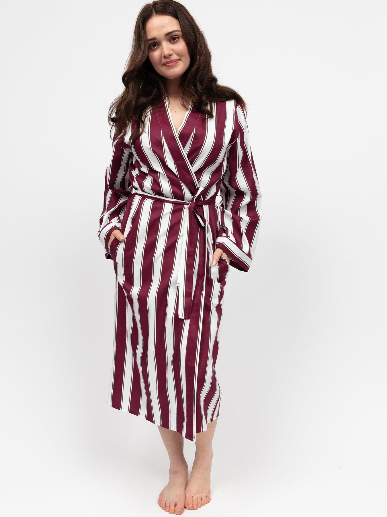 undefined Yasmin Ox Blood Stripe Printed Long Sleeve Long Dressing Gown - Red