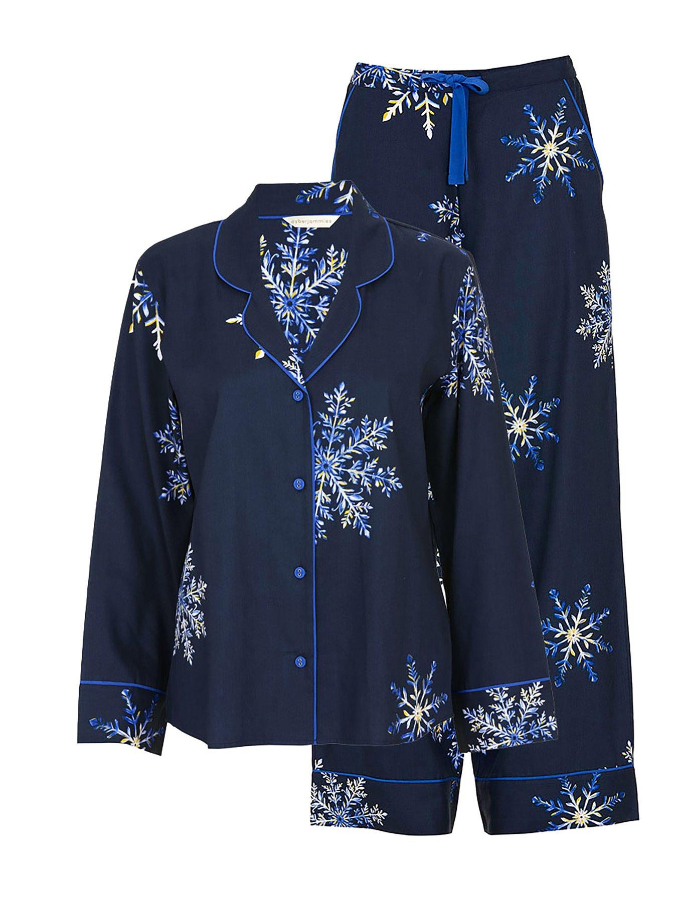 Cyberjammies Frosty Navy Snowflake Print Pyjama Set - Blue | Very