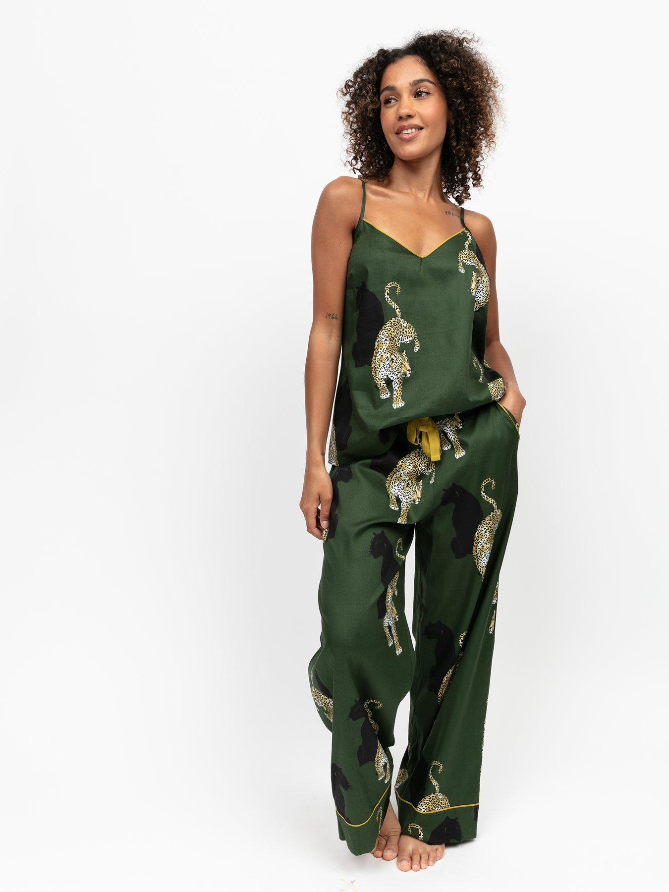 Cyberjammies Olive Leopard Print Cami And Wide Leg Pyjama Set - Green