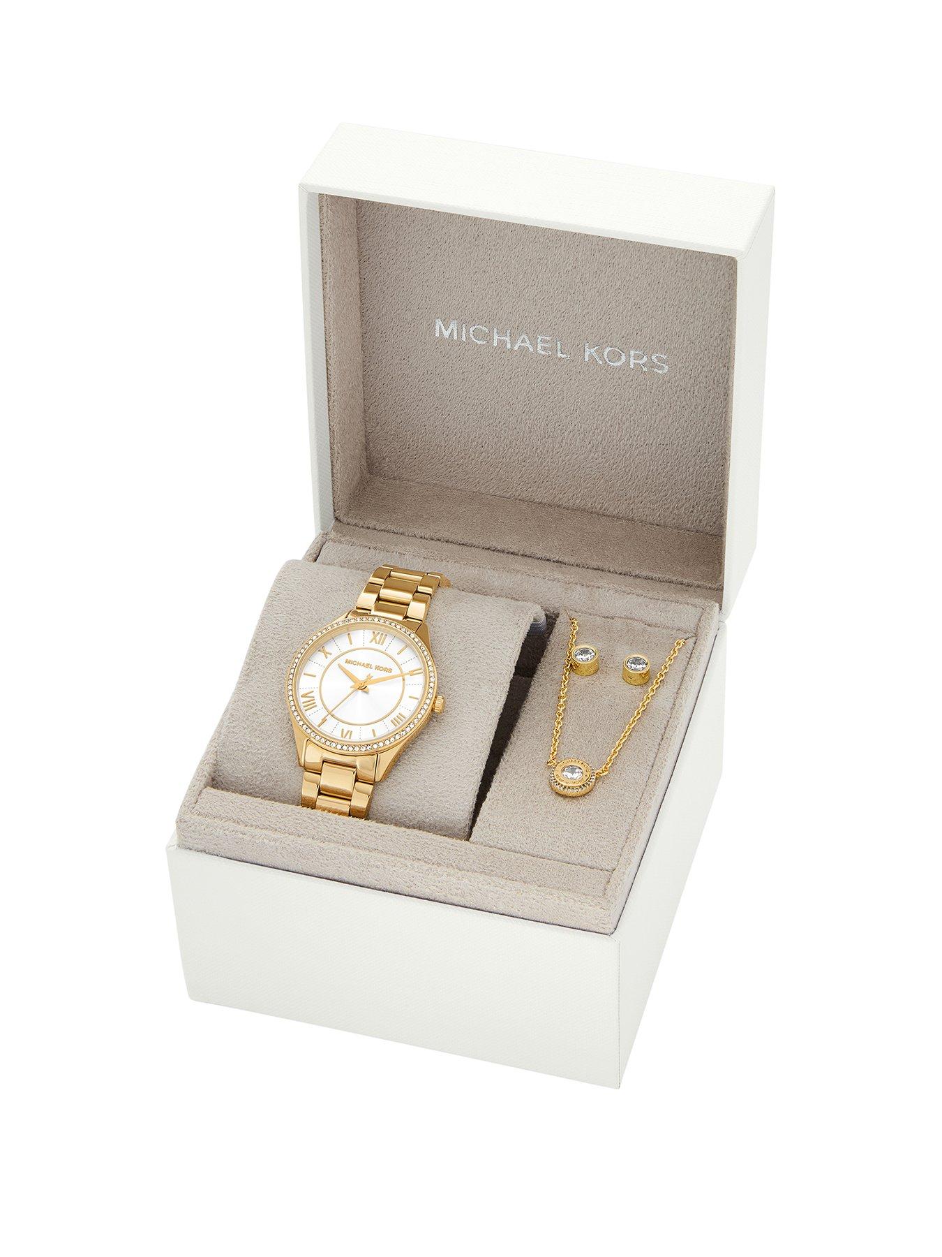 Michael Kors Women's Lauryn 3 -Hand Stainless Steel Watch, Earrings And Necklace Gift Set, Mk4849