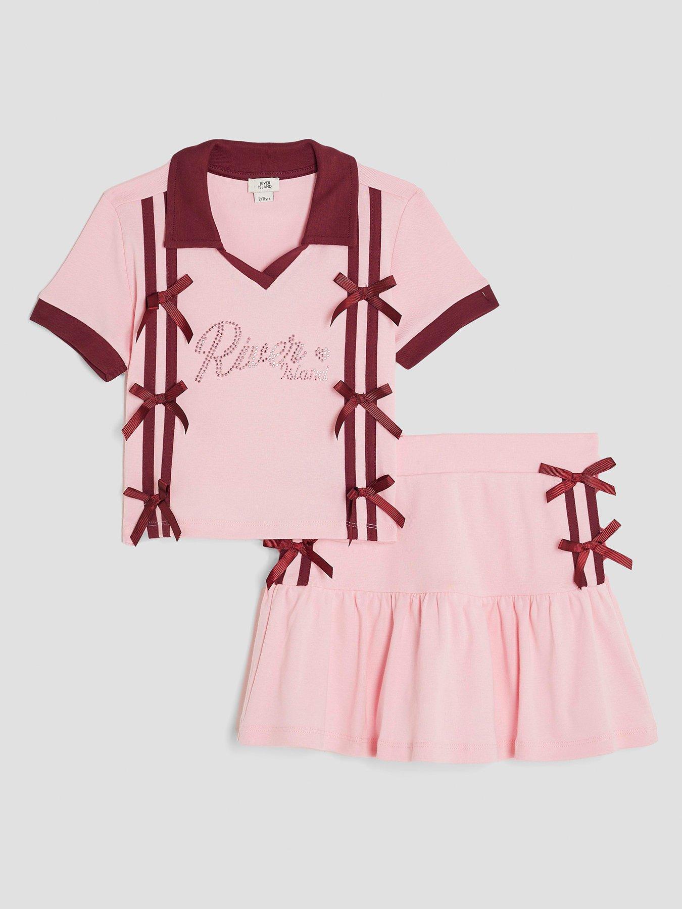 undefined Older Girls Polo Shirt & Skirt Bow Set - Pink