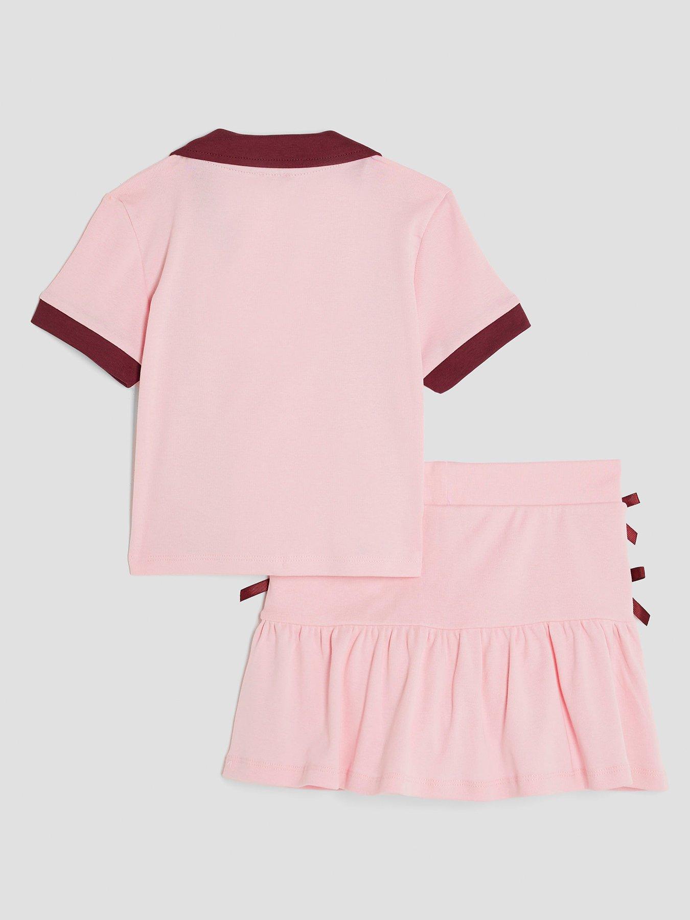 River Island Older Girls Polo Shirt Skirt Bow Set Pink Very