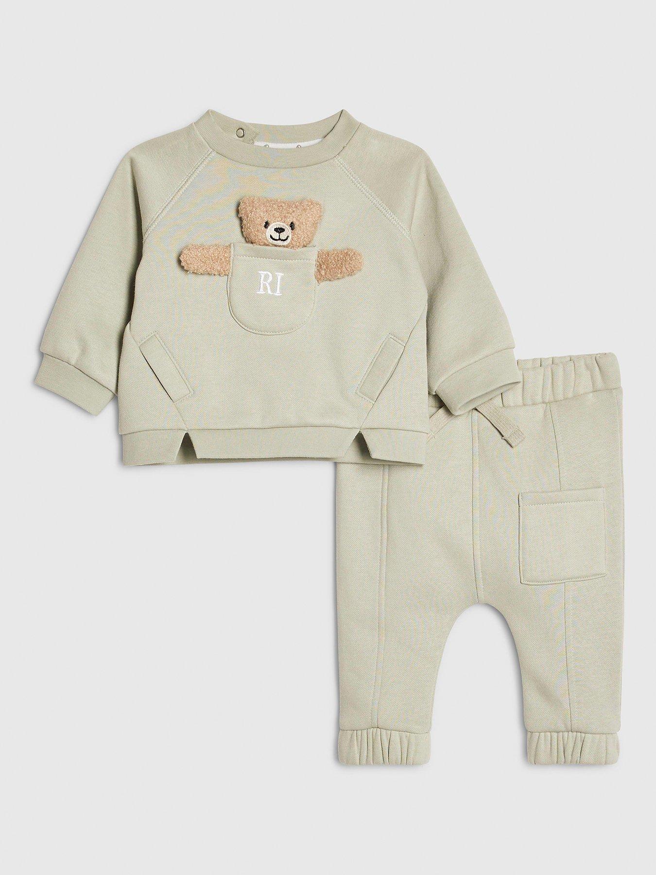 Image 1 of 5 of River Island Baby Boys Bear Pocket Sweatshirt Set - Khaki